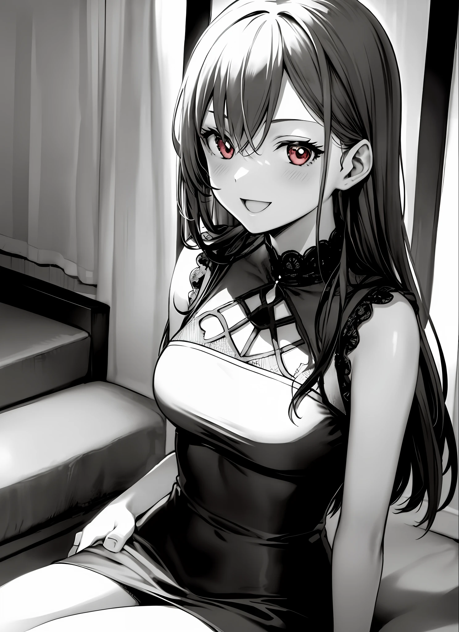 manga style boichi, 1girl, happy, monochrome grayscale, solo, sitting, long hair, upper body, ((masterpiece))