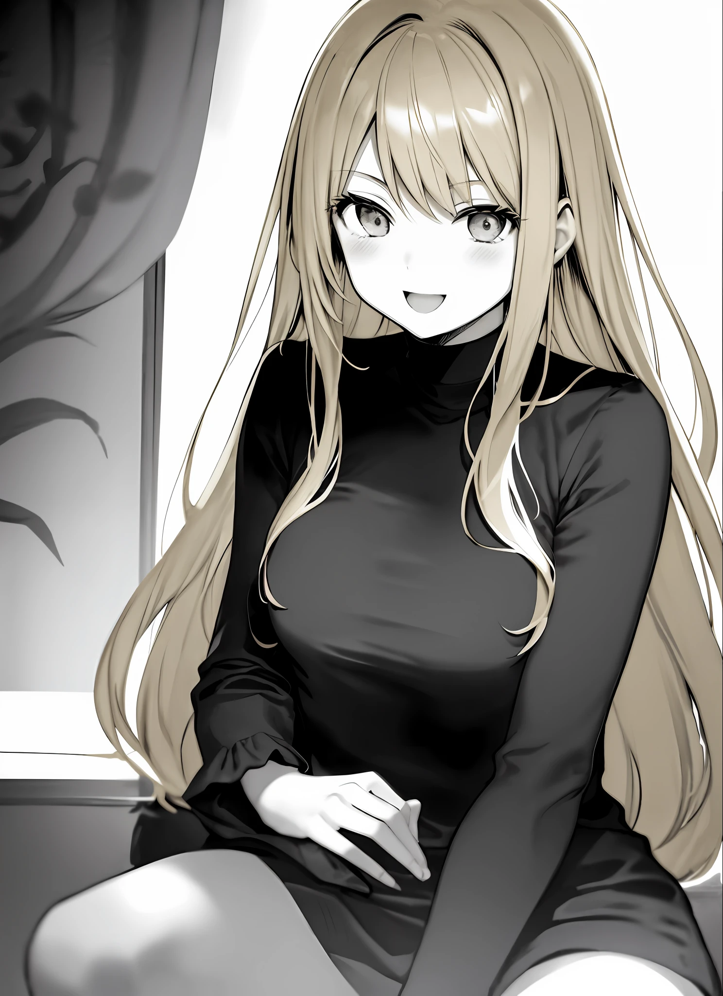manga style boichi, 1girl, happy, monochrome grayscale, solo, sitting, long hair, upper body, ((masterpiece))