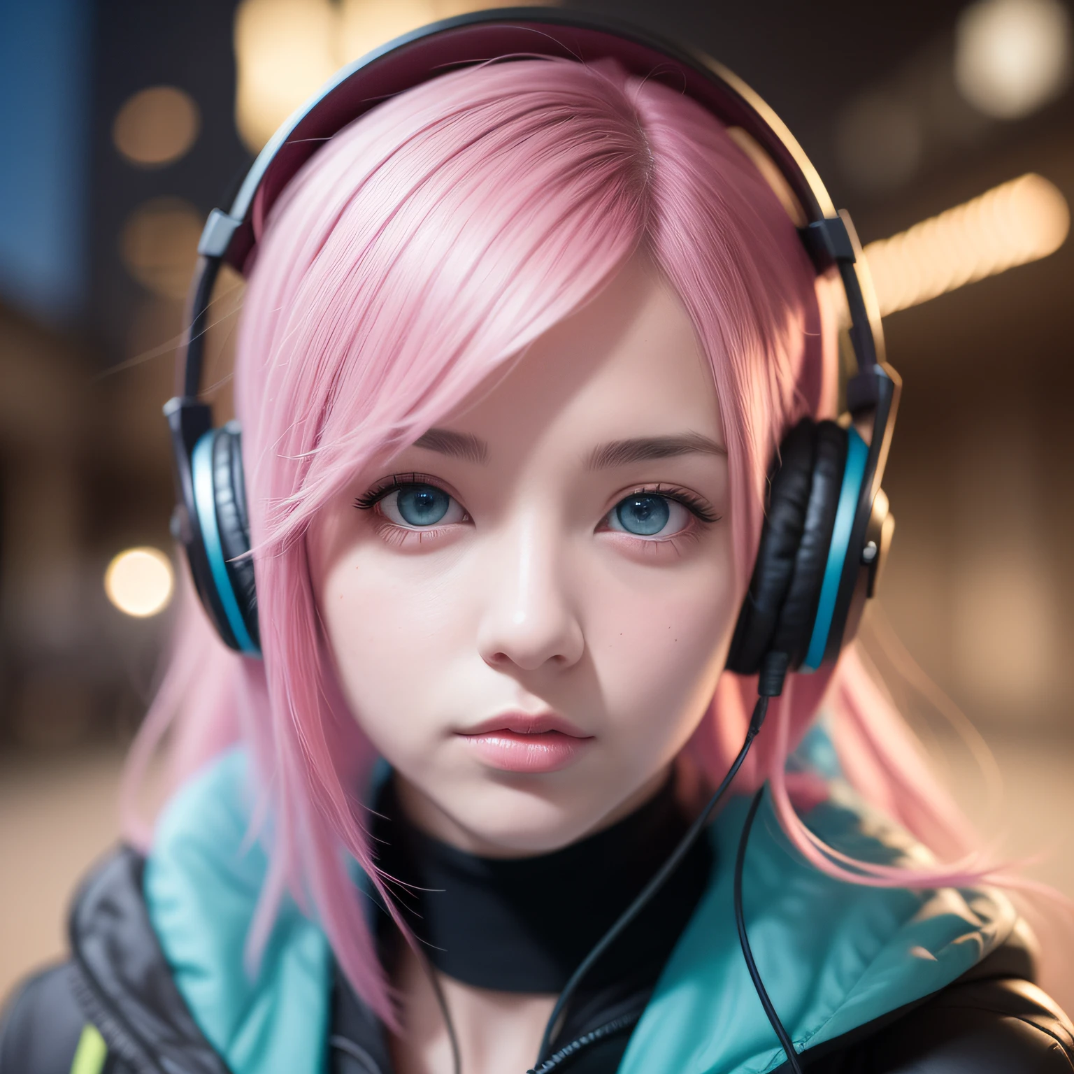 girl with headphones,pink hair blue eyes Cyberpunk,8K extremely detailed, smooth, high resolution, ultra quality, highly detailed eyes, highly detailed mouth, highly detailed face, perfect eyes, both eyes are equal, true light, brightness, iridescent, global lighting, real hair movement, real light, real shadow, real face, hd, 2k, 4k, 8k, 16k, realistic light, realistic shadow, bright eyes, fluorescent eyes, soft light, dream light,anime, 3d, japan, pixar, masterpiece, best quality, half body, portrait, night city