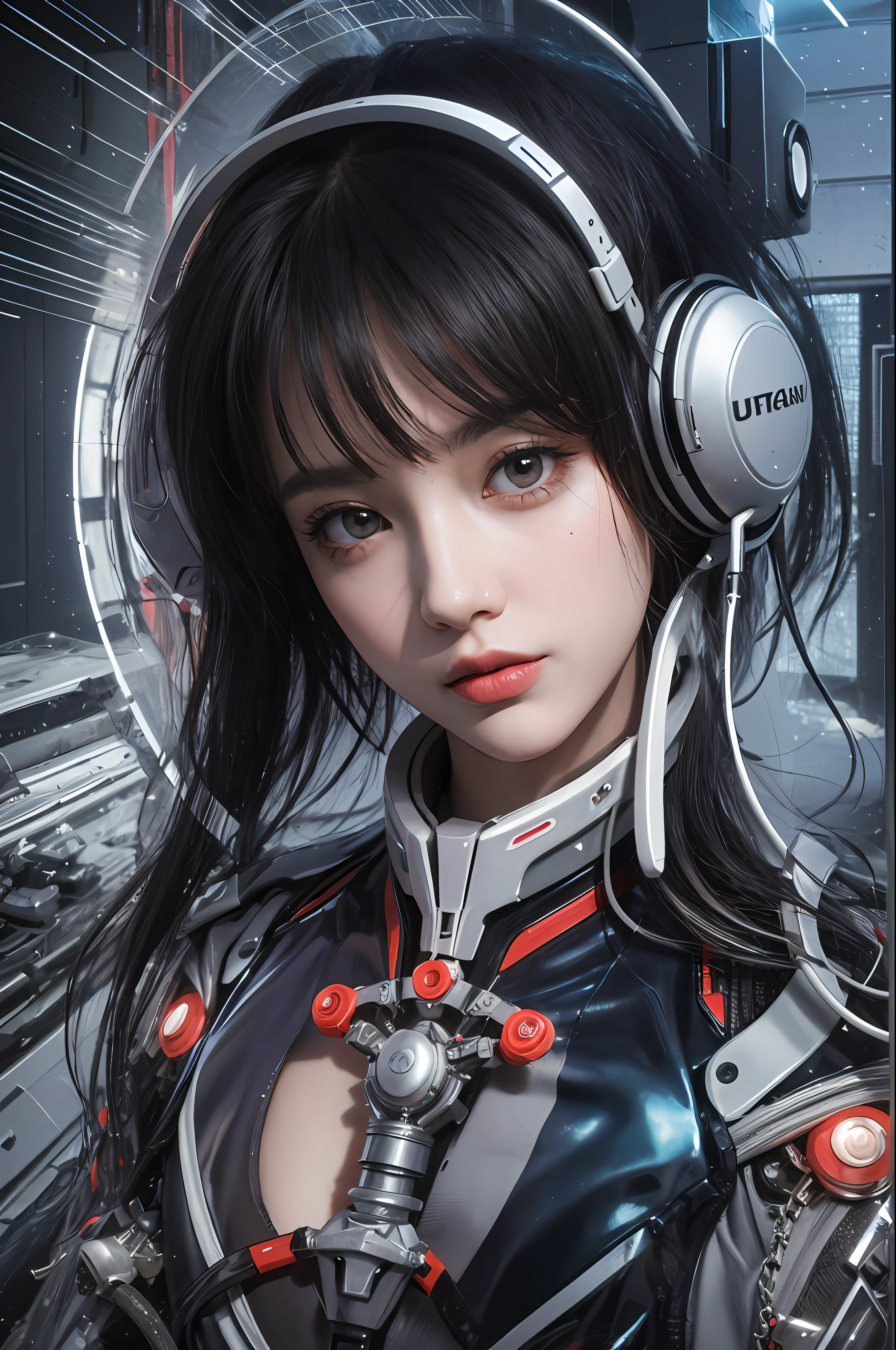 Top Quality, Masterpiece, Ultra High Resolution, (Photorealistic: 1.4), Raw Photo, 1 Girl, Black Hair, Glossy Skin, 1 Mechanical Girl, (Ultra Realistic Detail)), Portrait, Global Illumination, Shadows, Octane Rendering, 8K, Ultra Sharp, Big, Cleavage Exposed Raw Skin, Metal, Intricate Ornament Details, Headset, Hydraulic cylinder, very intricate details, realistic light, CGSoation trend, purple eyes, glowing eyes, facing the camera, neon details, mechanical limbs, blood vessels connected to the tube, mechanical vertebrae attached to the back, mechanical cervical attachment to the neck, sitting, wires and cables connecting to the head, evangelion, cyberpunk, small LED lamp, The background is the cockpit of a futuristic spaceship,