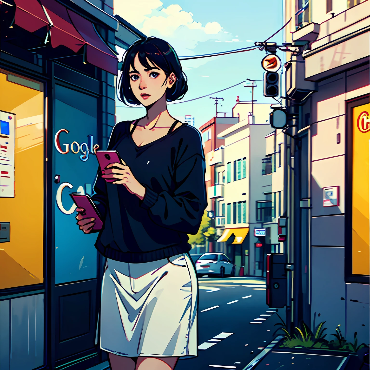 A person with a phone that reflects the Google search for a business that looks realistic and happy --auto