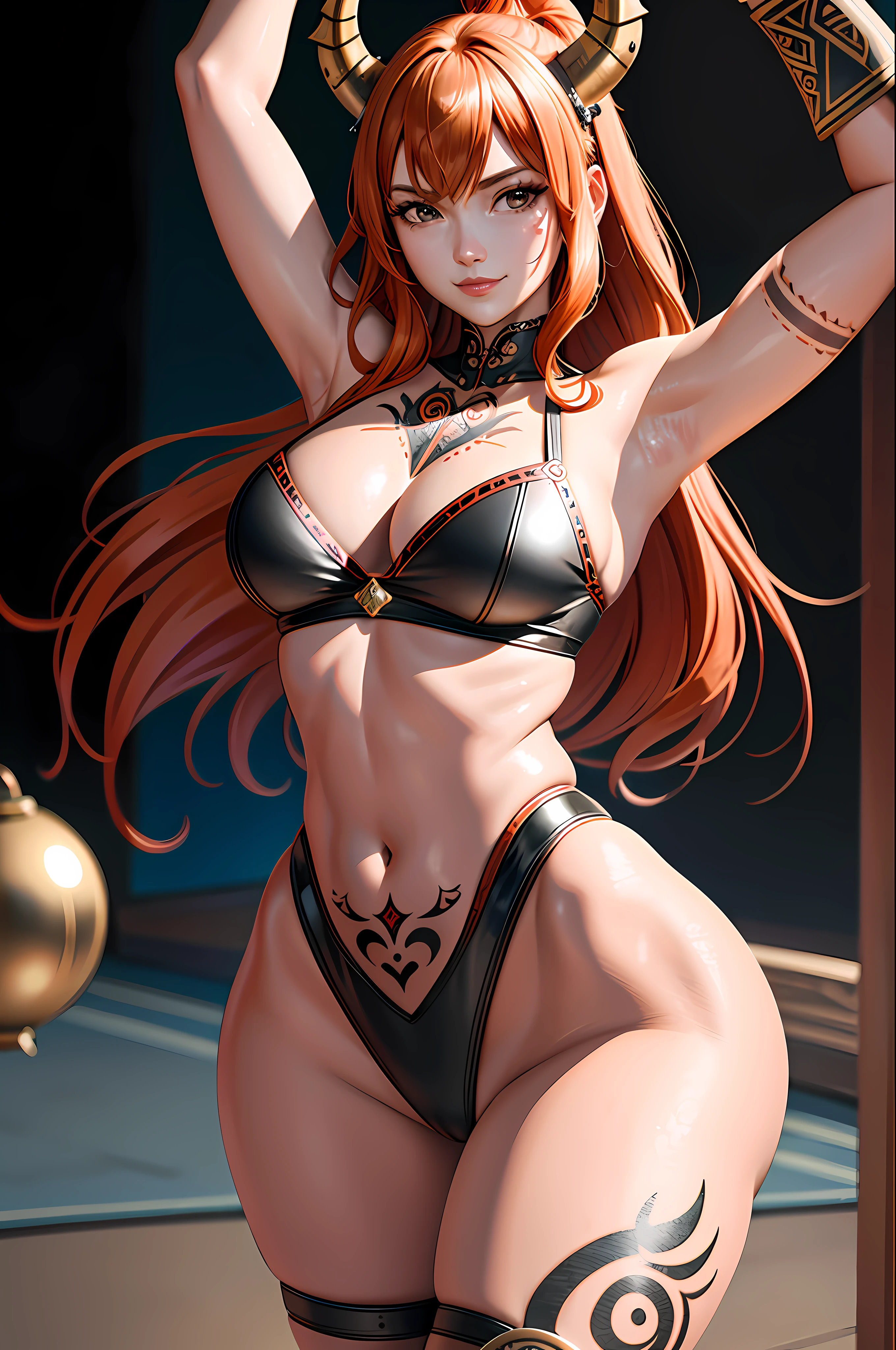 (masterpiece, best_quality, ultra-detailed, immaculate:1.3), epic, illustration, 1girl, cowboy shot, grinning barbarian archer, (muscular:1.1), leather armor, fur pauldrons, , (tribal tattoos:1.4), pastel ginger hair, half updo,Tight Curlsleather cloak, yoga, japanese, at a minuscule zoo ("at the ultimate hypergate, Motion blur":1.2), in a festive room, bombshell hair, copper hair, long bombshell hair, arm support