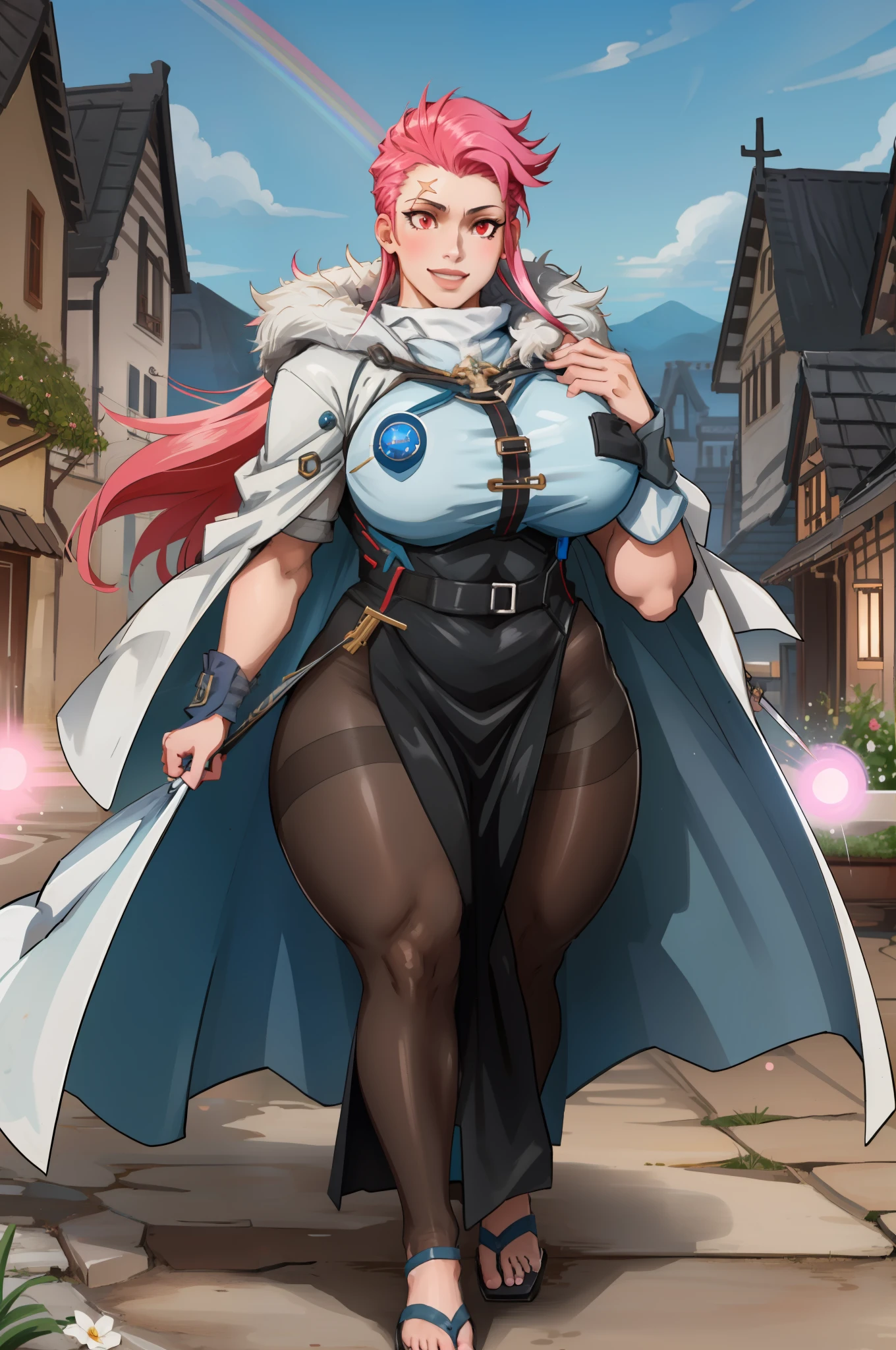 (masterpiece, best quality), intricate details, 1girl, zarya,Gothic, huge chest, tall woman, curved, f, long hair,alone, , forest city, plants, walking, smile, smile, ,fur clothes, wizard, medieval, village,tights, portrait, long skirt, long dress, flip-flops, , huge breast, , , 1gir,1character, walking,long skirt, red eyes, walking,female,fantasy goddess,there is a cartoon picture of a woman with a very large breast, glowing angelic being, glowing holy aura, inspired by Luma Rouge, the non-binary deity of spring, ethereal rainbow nimbus, the butterfly goddess of fire, inspired by Marie Angel, glowing aura around her, astral fairy, as the goddess of the sun, “uwu the prismatic person, big breast, happy, beautiful eyes, , full body, walking, long robe, long dre, , nun, priestess ,holy, venus body, curvy, huge breast, forest, long skirt, coat, very long skirt,coat, europe, france, french, pantyhose, walking, pink hair, smile, happy,long skirt , long dres, curvy, huge breast, muscle girl, vest, coat