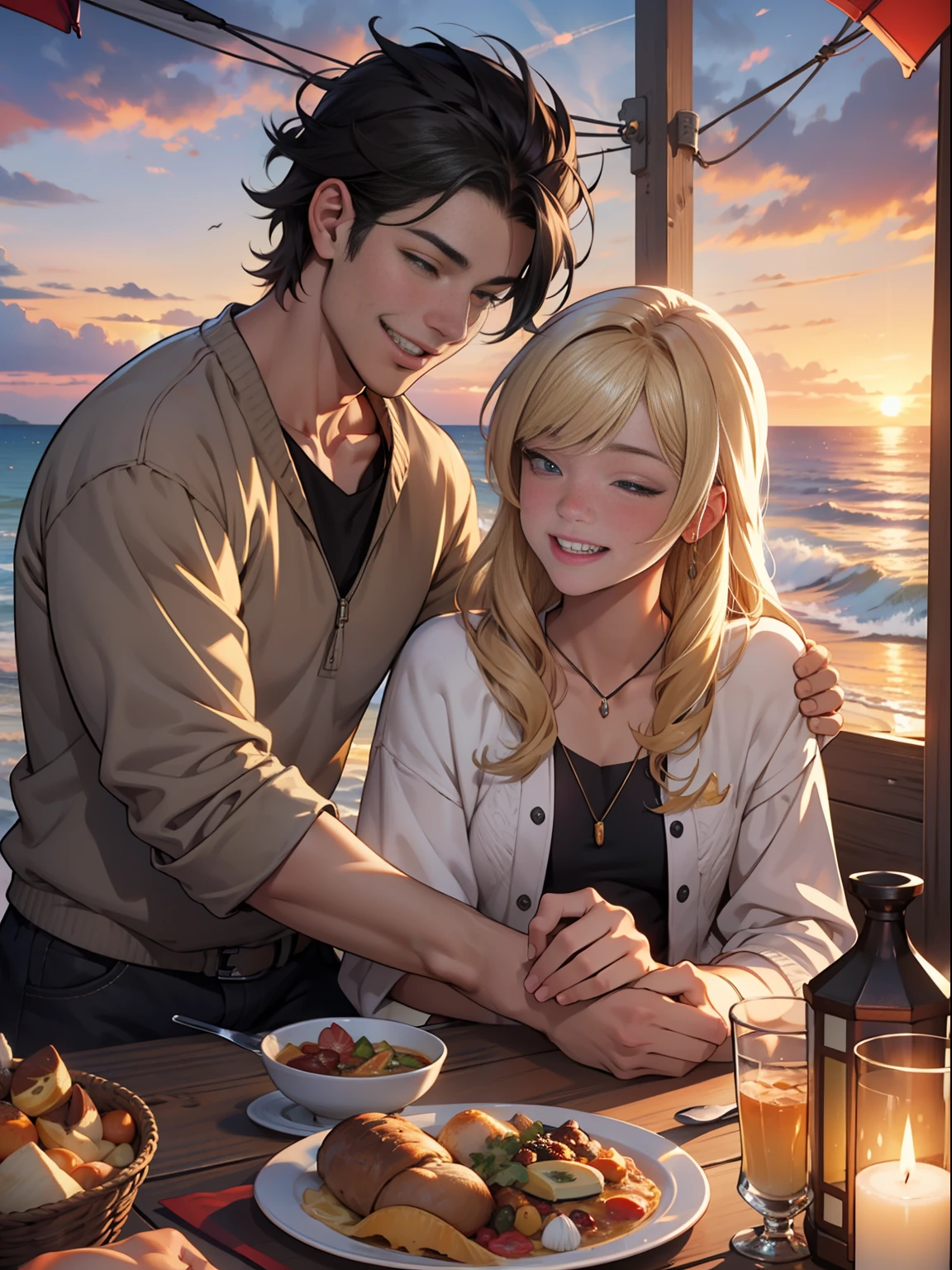 masterpiece, ultra-detailed CG unity 8k wallpaper, best quality illustration, a warm and cozy atmosphere, a summer scene in a seashore,beautiful sunset. The man has black hair and the woman has blond hair, sharing a happy moment together. laughing