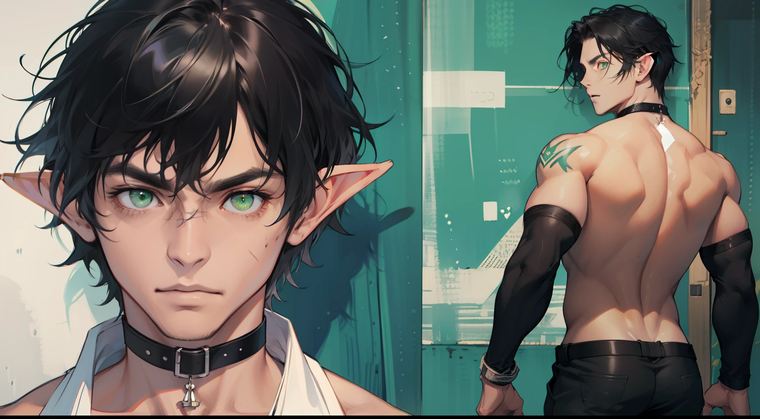 (absurdres, highres, ultra detailed), 1 male, elf adult, handsome, tall slender guy, narrow eyes, narrow shoulders, finely detailed eyes and detailed face, messy shaggy black hair, side bangs, bangs, green eyes, sexy twink, shirtless, final fantasy 14, dog collar, full body shot, backside, back view, submissive expression, bad boy