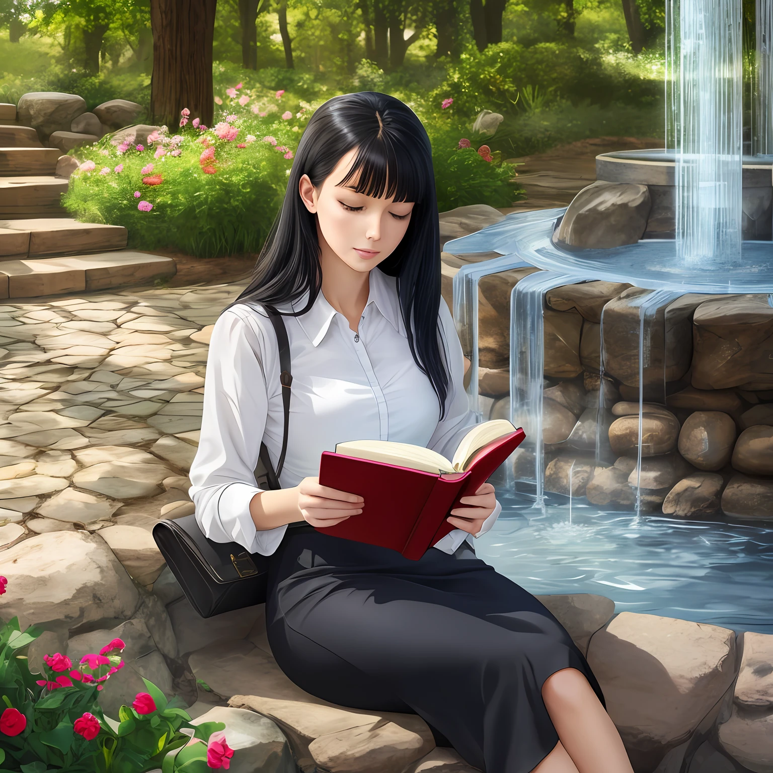 Beautiful white woman with black hair reading a Holy Bible with beautiful, sitting next to a water fountain, realistic photo in high resolution 4k