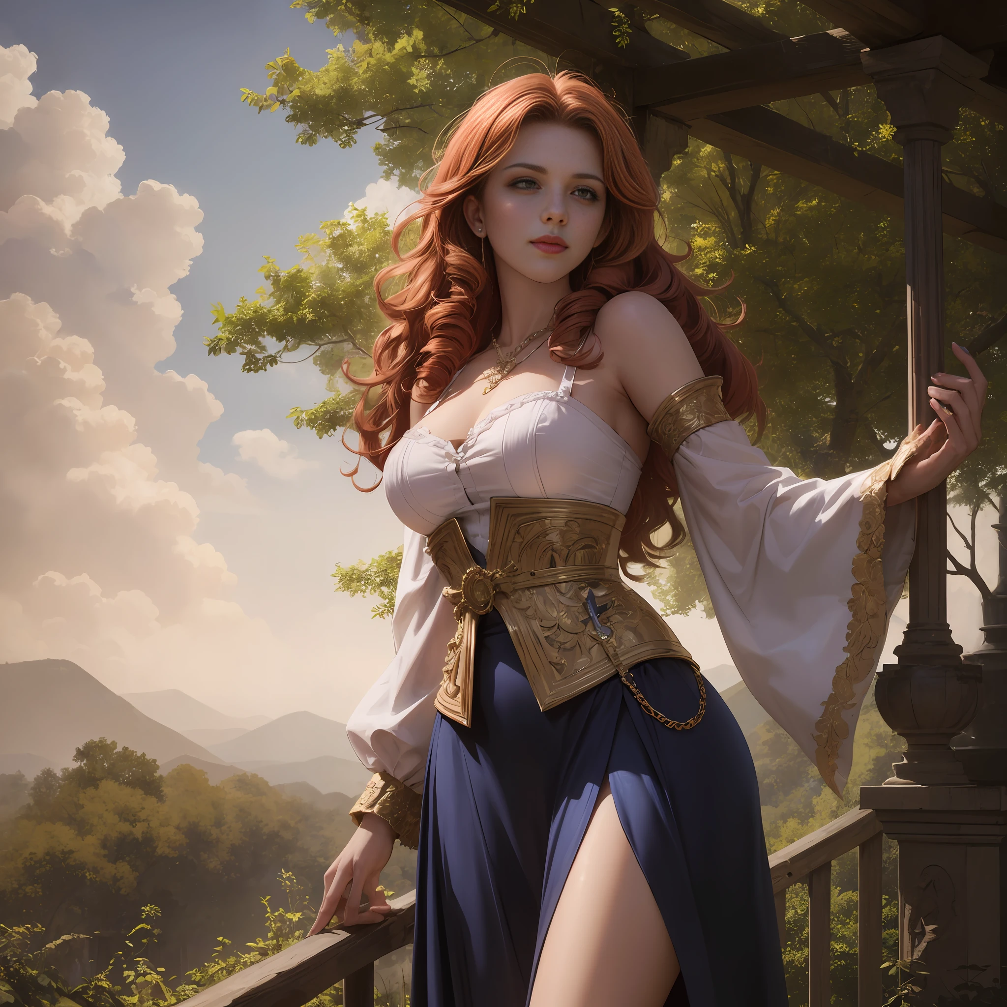 I gril realistic, 8K, Brave Character, Merida, very realistic, white skin, blue eyes, large breasts, thick thighs, freckles on the face, smile, closed boca_, looking at the viewer, long curly full red hair, blue long dress, crude sleeves, large descotes, confident posture, standing, about 1.70 in height, illuminated environment, natural light, volumetric lighting, best quality,  intricate details, tone mapping, sharp focus, best quality, hyper detailed, trend in Artstation, Natural environment, Forest, simple background, cloudy environment --auto