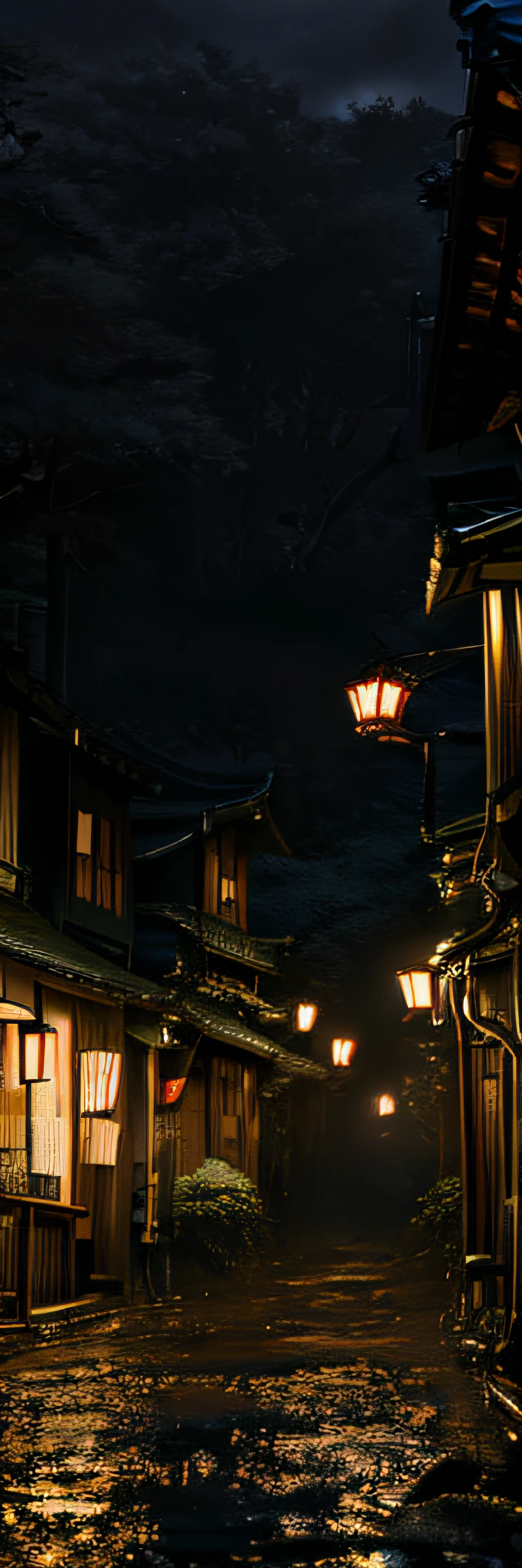 night, city of water, submerged city of Kyoto, Kyomachiya, mansion of Japan residence, Kyoto of Japan, city of Kyoto integrated with forest, water flowing on the road, decadent and devastated Kyoto, city of Kyoto flooded and covered with forest trees, Japan wooden building surrounded by moss and trees, lanterns, lanterns, fishing lanterns, RAW photos of landscape, detail, photorealistic, ultra-realistic photos, 8k UHD, DSLR, soft lighting, high quality, Film Grain, Fujifilm XT3, (Masterpiece), Human POV, Human Eye Level, Jungle, Intense Rainfall, Monochromatic, Climbing Plants Everywhere, Huge and Wet Trees, Masterpiece, Top Quality, Very Elaborate CG Unity 8K Wallpapers, Oil Paintings, Award-Winning Photography, Bokeh, Depth of Field, HDR, Bloom, Chromatic Aberration, Photorealistic, Very Detail, Art Station, CGSociety trend, complexity, high detail, dramatic, art-by-mid-journey, volumetric lighting