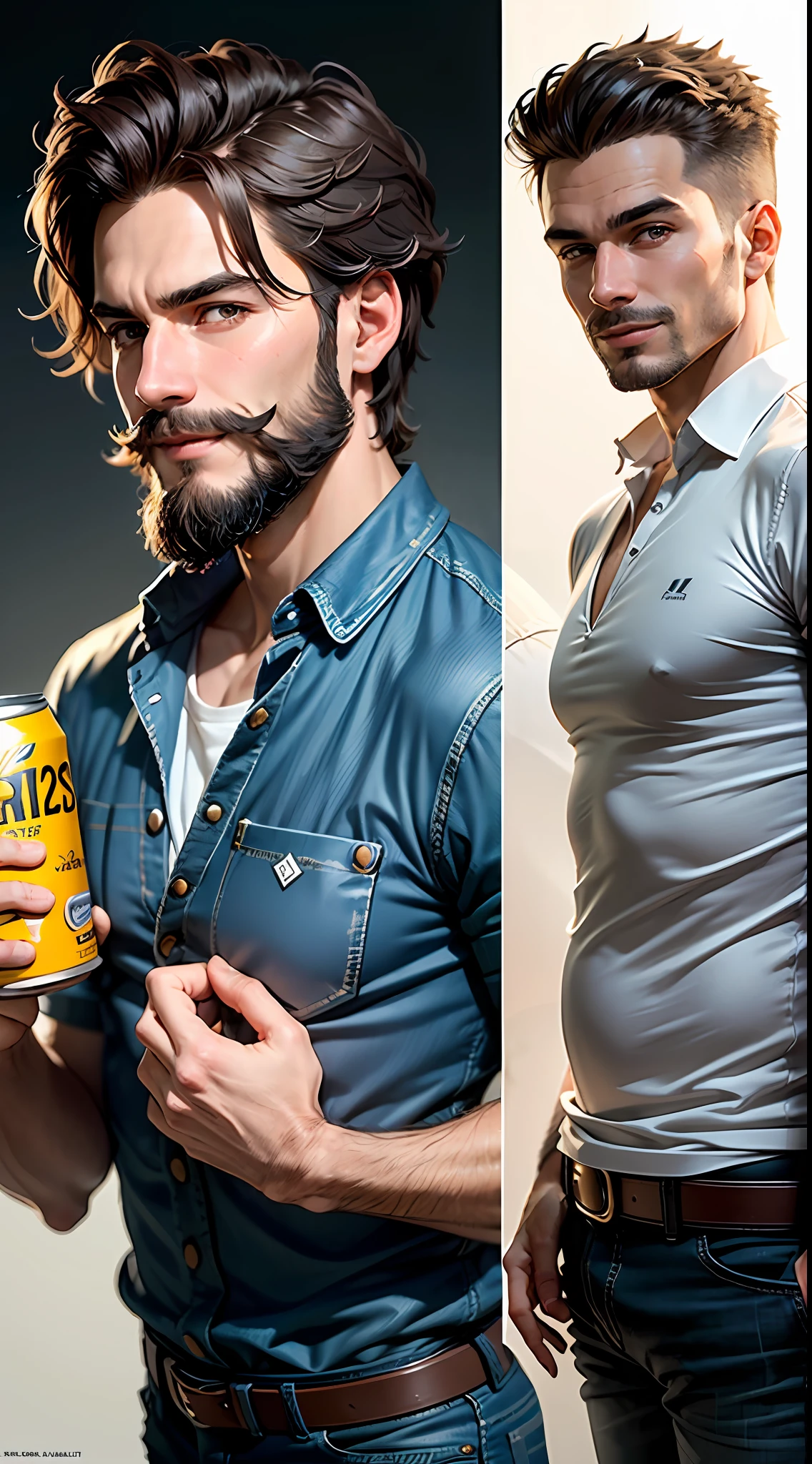 Best quality, realistic, award-winning illustration, (complicated detail: 1.2), (fine detail), (complicated detail), (cinematic lights, best quality), sharp lines, sharp focus, official art, 16k, on a white background, (A Italian man with a smiling face: 1.3), a playful young boss, there is a man with a short hair and beard, (facial hair-beard: 1.3), and smiling look, no beard and mustache, about 35 years, (38 years), men of 33 years, (short goatee: 1.3), (face with fine details of wrinkles: 1.2), (details of the aged face: 1.2), (without beard: 1.3), pronounced masculine feature, flirting with the camera. wearing black apron uniform with blue, open shirt, black cap and blue details, wearing jeans, man posing for a photo, holding a huge can of creamy dulce de leche, dulce de leche pouring, splattering dulce de leche, explosion dulce de leche, all-white background, headshot profile picture, posing for a photo.