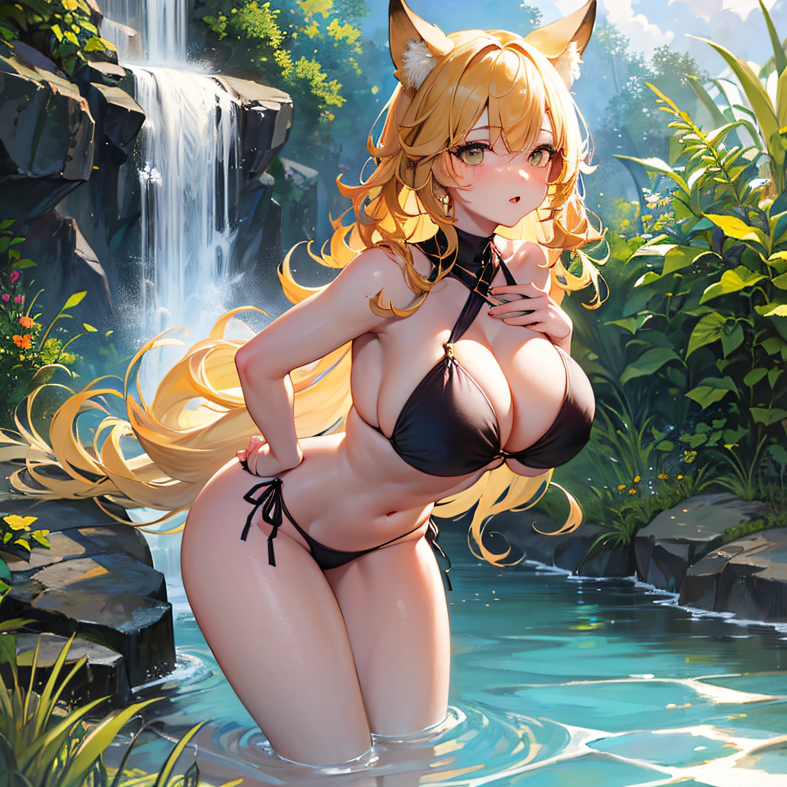 Absolutely beautiful fox charmer, perfect slim body, mature, yellow hair, large curly hair, bikini swimsuit, sexy and seductive, beautiful face, full body portrait, standing pose, 4K picture quality, big body, feminine expression, blush shyness, outrageously large bust, deep eyes, seaside bath, plump big, huge breasts