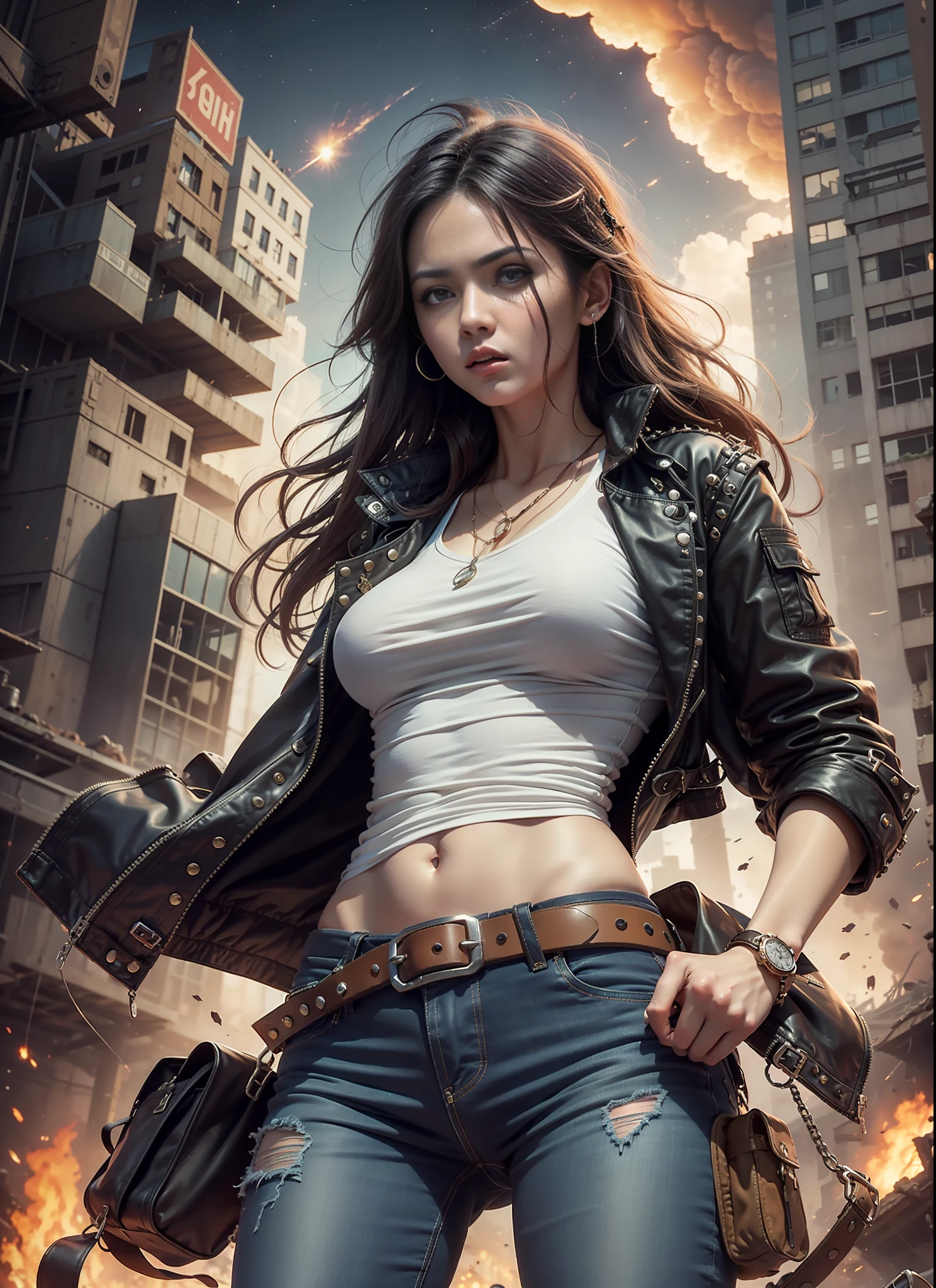Movie poster, jungle city, lion warrior, medium chest woman, black jeans, belt, long t-shirt, coat, rivets, holster, rivets, explosions, jungle, ruins, just one body, night
