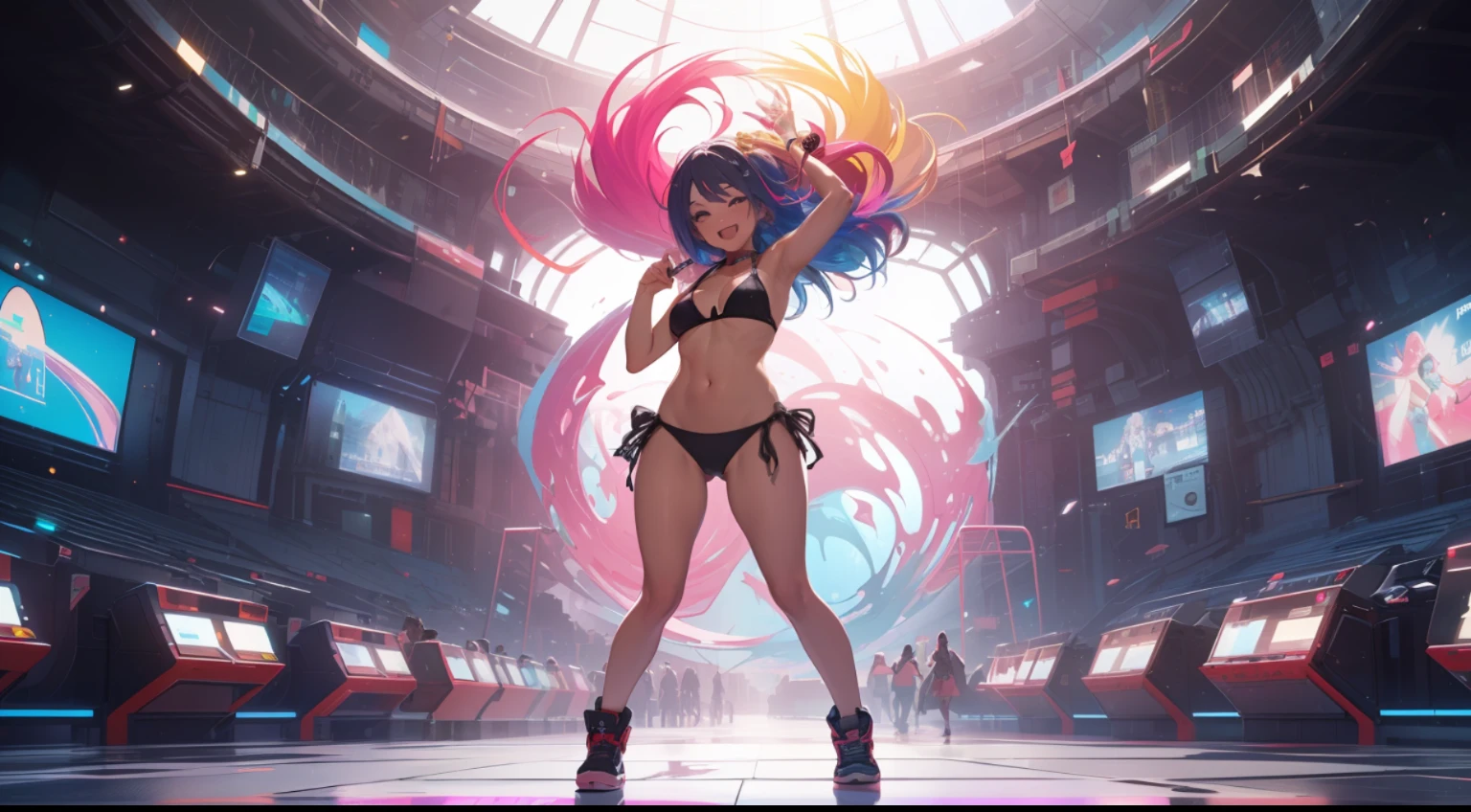 ((abstract and surreal place with vibrant colors that conveys the feeling of joy, motivation, satisfaction and knowledge)), clear place, full body shot, 1girl expressing joy and satisfaction wearing a short and tight bikini