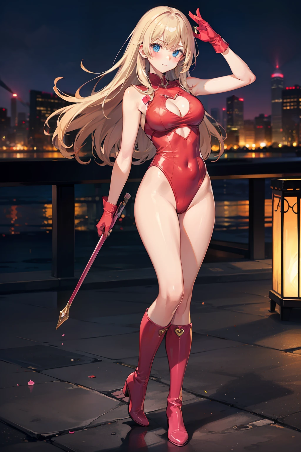masterpiece, best quality, highres, 1girl, solo, superhero, leotard, bare legs, matching boots, sleeveless, looking at viewer, city backdrop, perfect hands, perfect eyes, perfect leotard, perfect legs, perfect arms, perfect fingers, medium breasts, pink leotard, standing, blonde hair, long hair, knee boots, blue eyes, heart cutout, cute face, hair down, bangs, sleeveless, pink gloves, pink footwear, cleavage cutout,