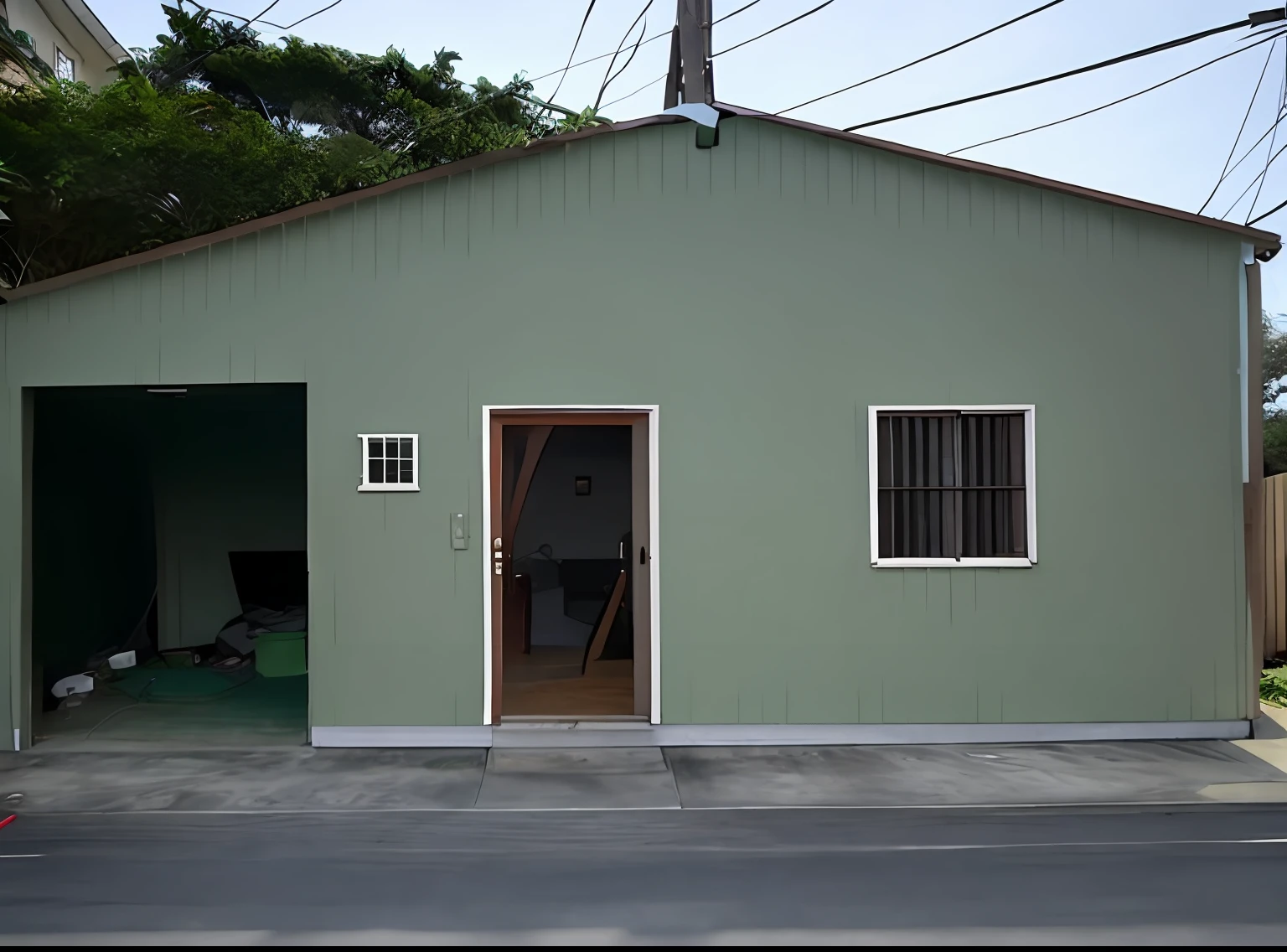 there is a white house with a brown door and a green door, frontal picture, frontview, front-view, outside view, complete house, seen from outside, front photo, real image, exterior view, front view, render 3 d, rendered image, front side, centre image, front facing, one house, front, front facing shot, building facing --auto