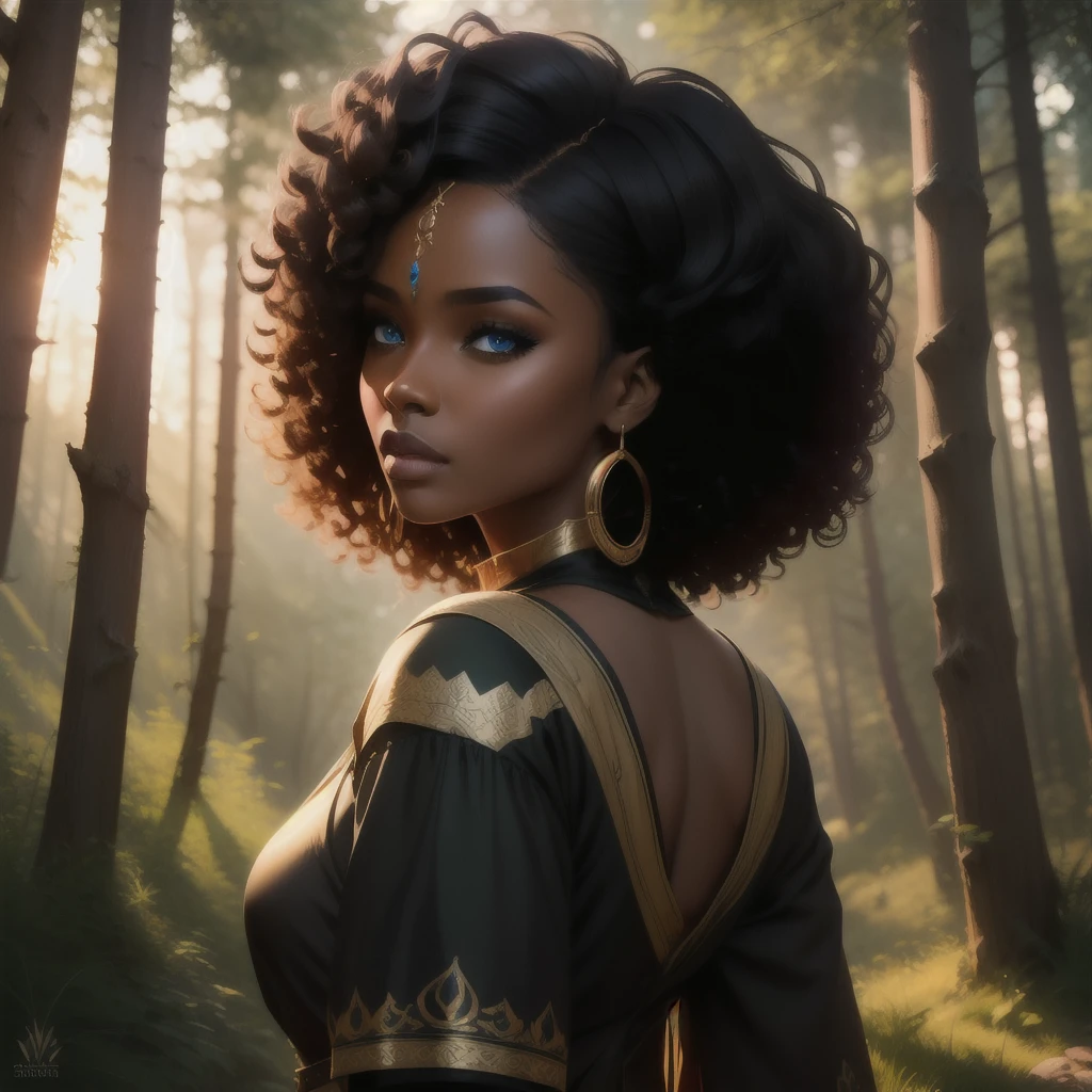 woman, beautiful black skin, african, symmetrical face, curly black hair curly hair, blue eyes, full back, upper body, portrait, ceda clothing, bright jewelry, dynamic light, medieval forest landscape, hd, 8k, TN-RpgGameGirl