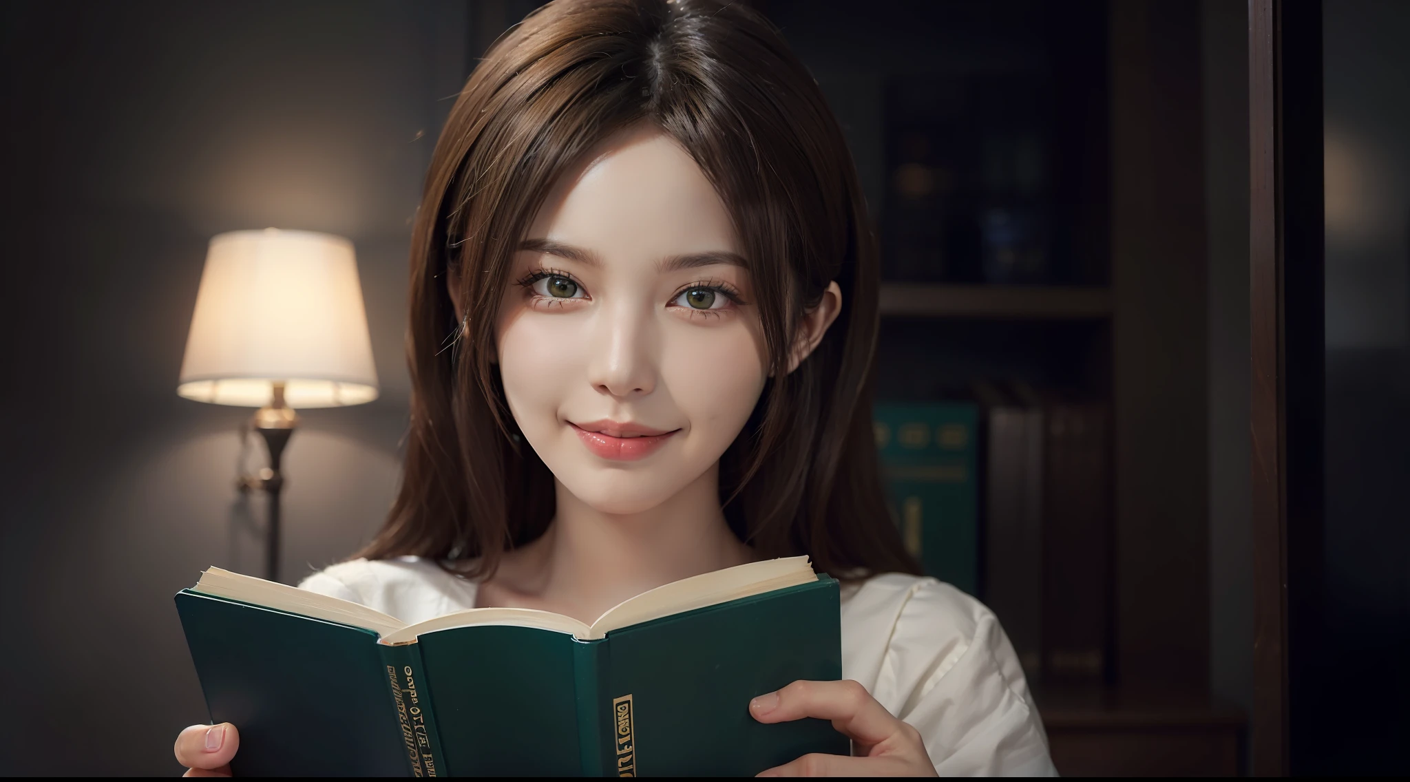 RAW photo, award winning portrait of 20 year old American girl, beautiful, big smile, green eyes, dark blonde hair, holding book in her hands, (highly detailed skin: 1.2), 8k uhd, dslr, soft lighting, high quality, film grain, Fujifilm XT3