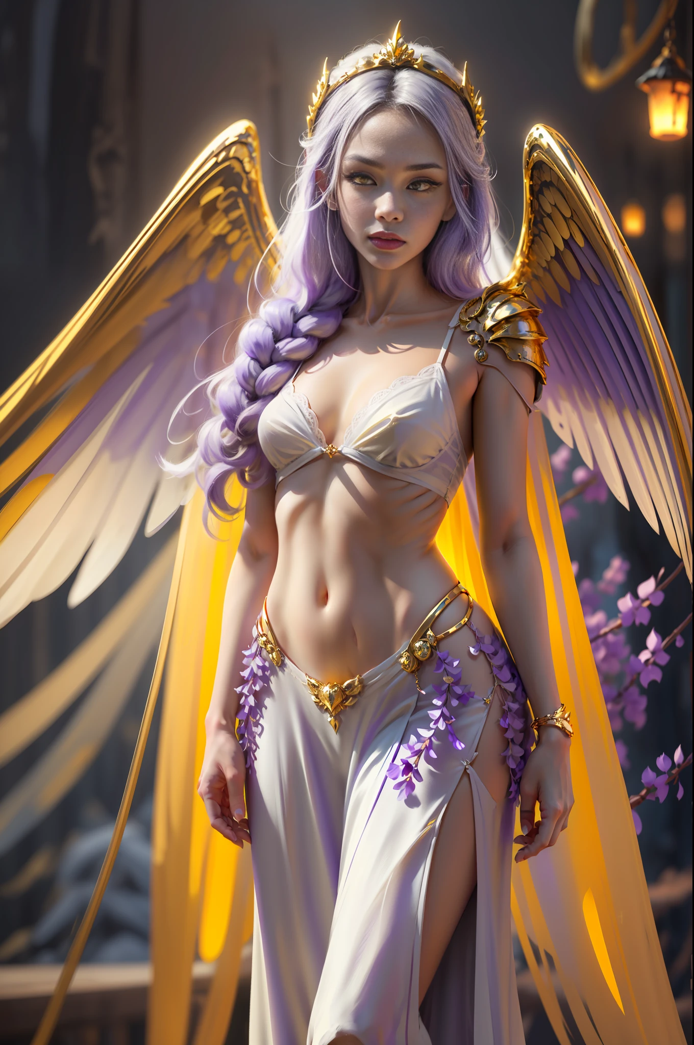 iridescent, Lilac the extraordinary sorcerer born of fairy and vampire lineage, lustrous hair of soft lilac, cascading straight down to their waist, eyes are a striking shade of yellow, glowing, outfit combines colors of white, lilac, and yellow, intricate patterns that reflect the ethereal beauty of the Feywild. attire has elements of a knight's armor with delicate fairy aesthetics, (((flowing white fabrics))) adorned with lilac accents, accentuating their figure while allowing freedom of movement. fairy wings in white and gold. iridescent glow, soft hues of a blossoming flower at twilight, anime fantasy RPGs, (((long straight lilac hair))), (((((golden yellow eyes))))), wheat-colored skin, symbol of beauty & wisdom, style of jin kagetsu, james Jean, wlop, valentin serov style, highly detailed, sharp focus, concept art, digital painting, ambient lighting, 4k, hdt, artstation trending on gsociety, trending on artstationhq, deviantart, professionally post-processed, wide-angle action dynamic portraithyperdetailed, hyper quality, yellow eyes, (small breasts), (((long hair))