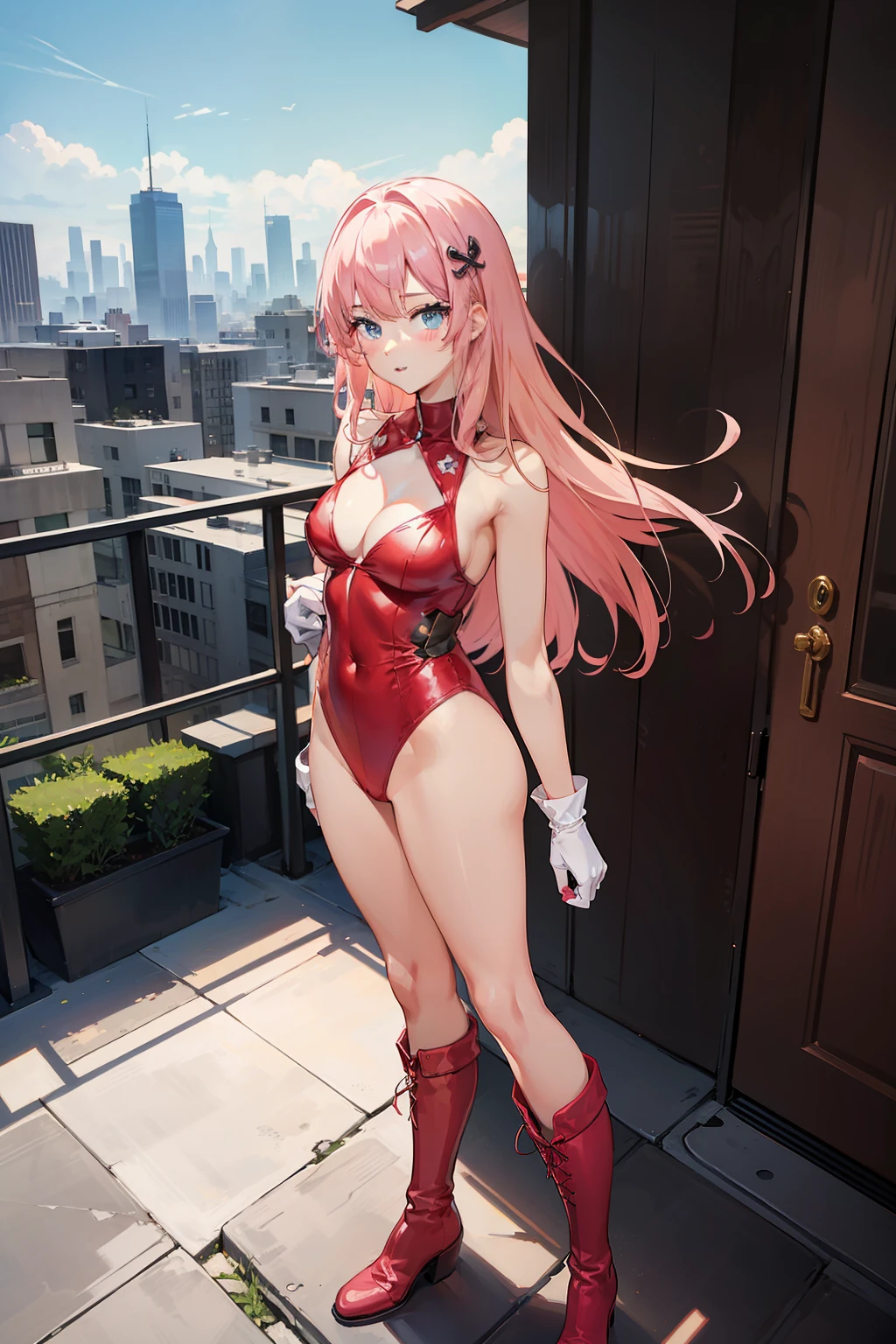 masterpiece, best quality, highres, 1girl, solo, superhero, leotard, bare legs, matching boots, sleeveless, looking at viewer, city backdrop, perfect hands, perfect eyes, perfect leotard, perfect legs, perfect arms, perfect fingers, medium breasts, pink leotard, standing, blonde hair, long hair, knee boots, blue eyes, heart cutout, cute face, hair down, bangs, sleeveless, pink gloves, pink footwear, cleavage cutout,