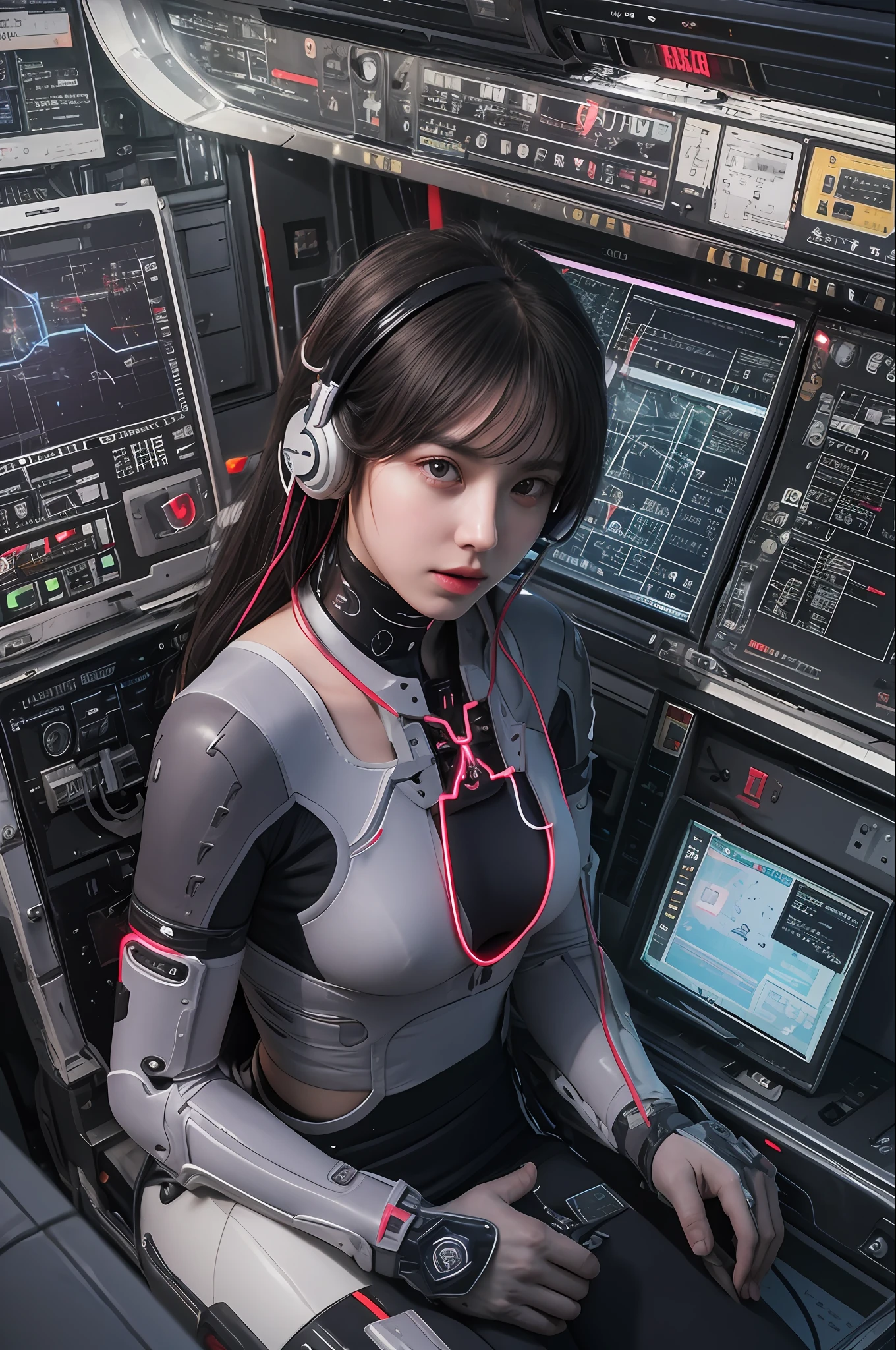 Top Quality, Masterpiece, Ultra High Resolution, (Photorealistic: 1.4), Raw Photo, 1 Girl Sitting In Cockpit of Spaceship, Black Hair, Glossy Skin, 1 Mechanical Girl, ((Ultra Realistic Details)), Portrait, Global Illumination, Shadows, Octane Rendering, 8K, Ultra Sharp, Big, Cleavage Exposed Raw Skin, Metal, Intricate ornament details, headset, hydraulic cylinder, very intricate details, realistic light, CGSoation trend, purple eyes, glowing eyes, facing the camera, neon details, mechanical limbs, blood vessels connected to tubes, mechanical vertebrae attached to the back, mechanical cervical attachment to the neck, sitting, wires and cables connecting to the head, Evangelion, Cyberpunk, small LED lamps, background is the cockpit of a futuristic spaceship,
