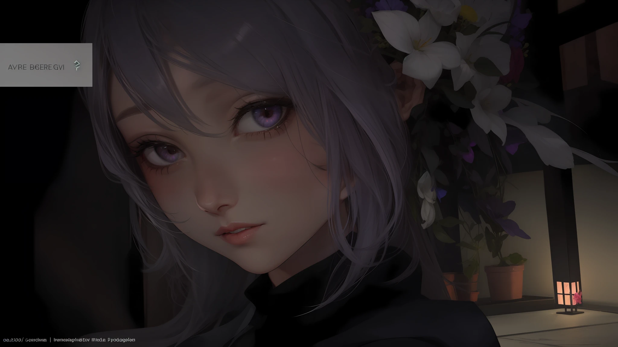 realistic, 1girl, white hair, purple eyes, glowing eyes, crop top, skirt, parted lips, blush, night, flowers, sun, sunlight,
