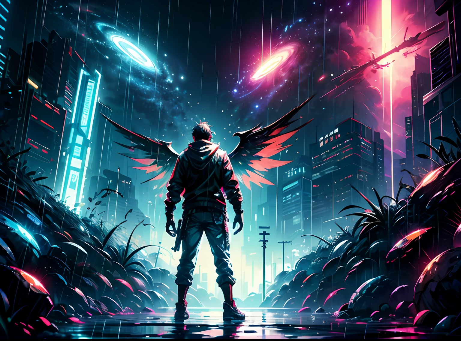 man looking at the sky, technology, box, star, universe, water, fantasy, brightness, neo, asteroids, vast, science fiction, cyberpunk, rain, sword, wings, retro, dark, shadow