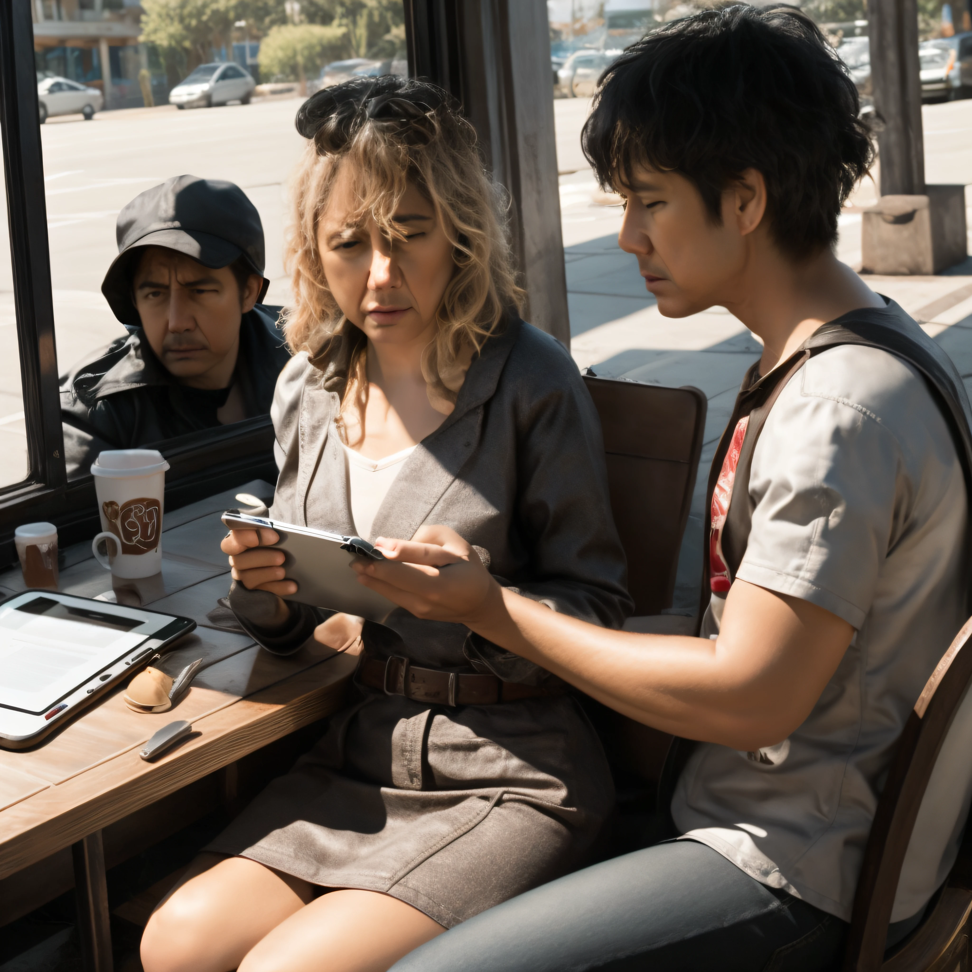 they are sitting at a table with a tablet and a coffee cup, intense scene, still from a live action movie, very realistic film still, movie clip, award winning movie still, complex scene, still from the movie, scene from live action movie, scene from a movie, still from a movie, film still dnd, screenshot from a movie, movie still of a tired --auto