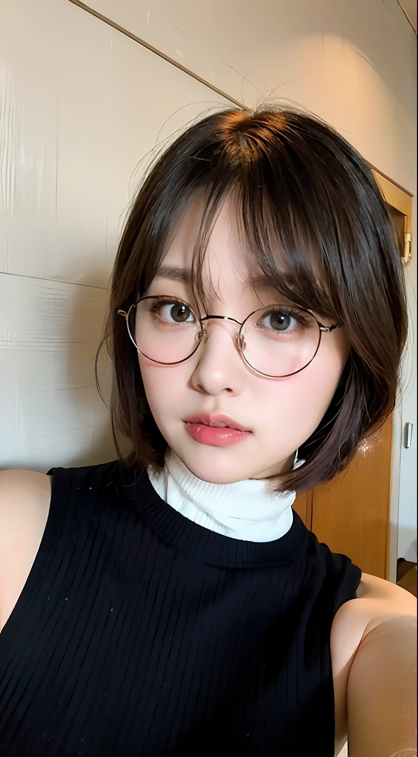 turtleneck, sleeveless, 16 years old, short hair, round glasses, kissing face, knee socks,