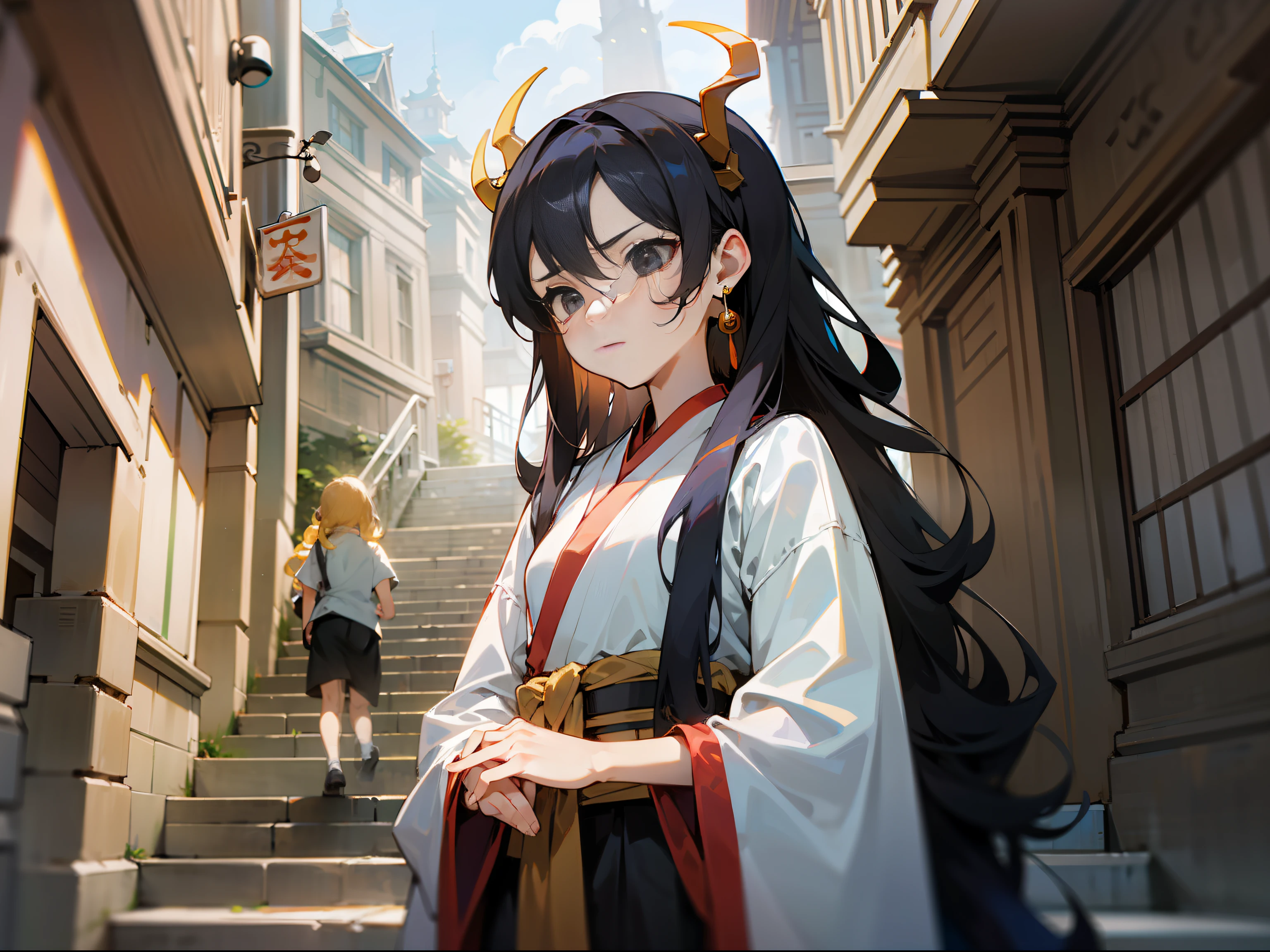 Comic storyboard, the girl looks up, the girl's name is He Xiaomu, she has long white curly hair, clean black eyes, small nose and mouth, puzzled expression, wearing Hanfu, standing on the ancient street, on the stairs