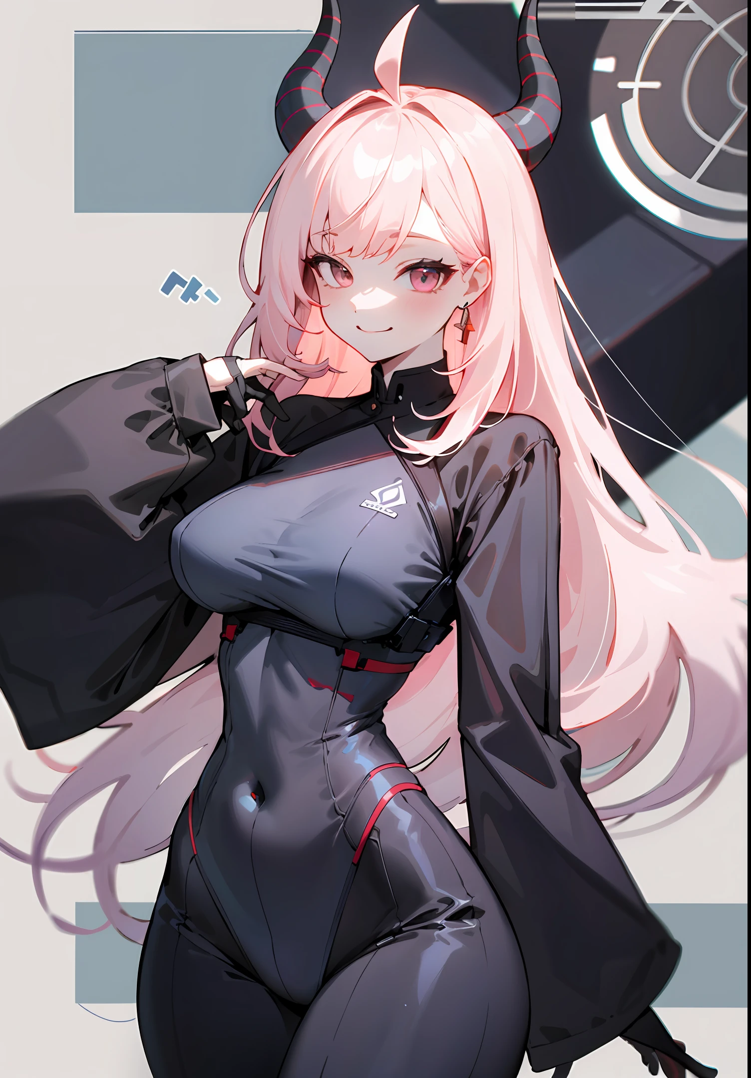 ((Masterpiece, Best Quality)), (1 person), (()), Pale Pink Hair, Hello, Horn, (OL)), Bangs, Medium, (Breast Augmentation), Slim, Smile, [Wide Hips], Office, Standing, There \ (Blue Archive)
