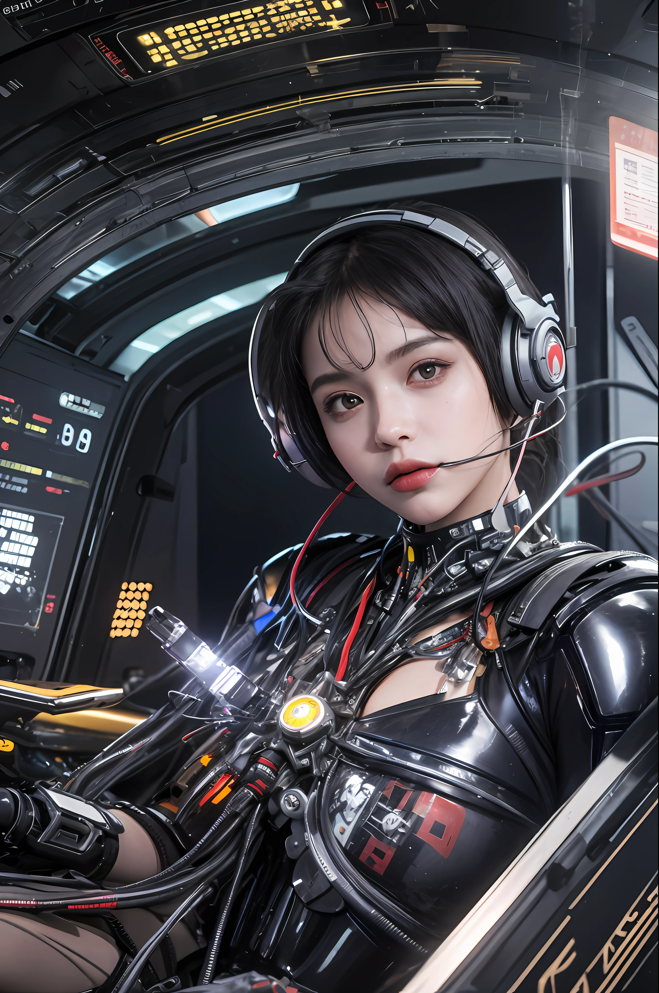 Top Quality, Masterpiece, Ultra High Resolution, (Photorealistic: 1.4), Raw Photo, 1 Girl Sitting In Cockpit of Spaceship, Black Hair, Glossy Skin, 1 Mechanical Girl, ((Ultra Realistic Details)), Portrait, Global Illumination, Shadows, Octane Rendering, 8K, Ultra Sharp, Big, Cleavage Exposed Raw Skin, Metal, Intricate ornament details, headset, hydraulic cylinder, very intricate details, realistic light, CGSoation trend, purple eyes, glowing eyes, facing the camera, neon details, mechanical limbs, blood vessels connected to tubes, mechanical vertebrae attached to the back, mechanical cervical attachment to the neck, sitting, wires and cables connecting to the head, Evangelion, Cyberpunk, small LED lamps, background is the cockpit of a futuristic spaceship,