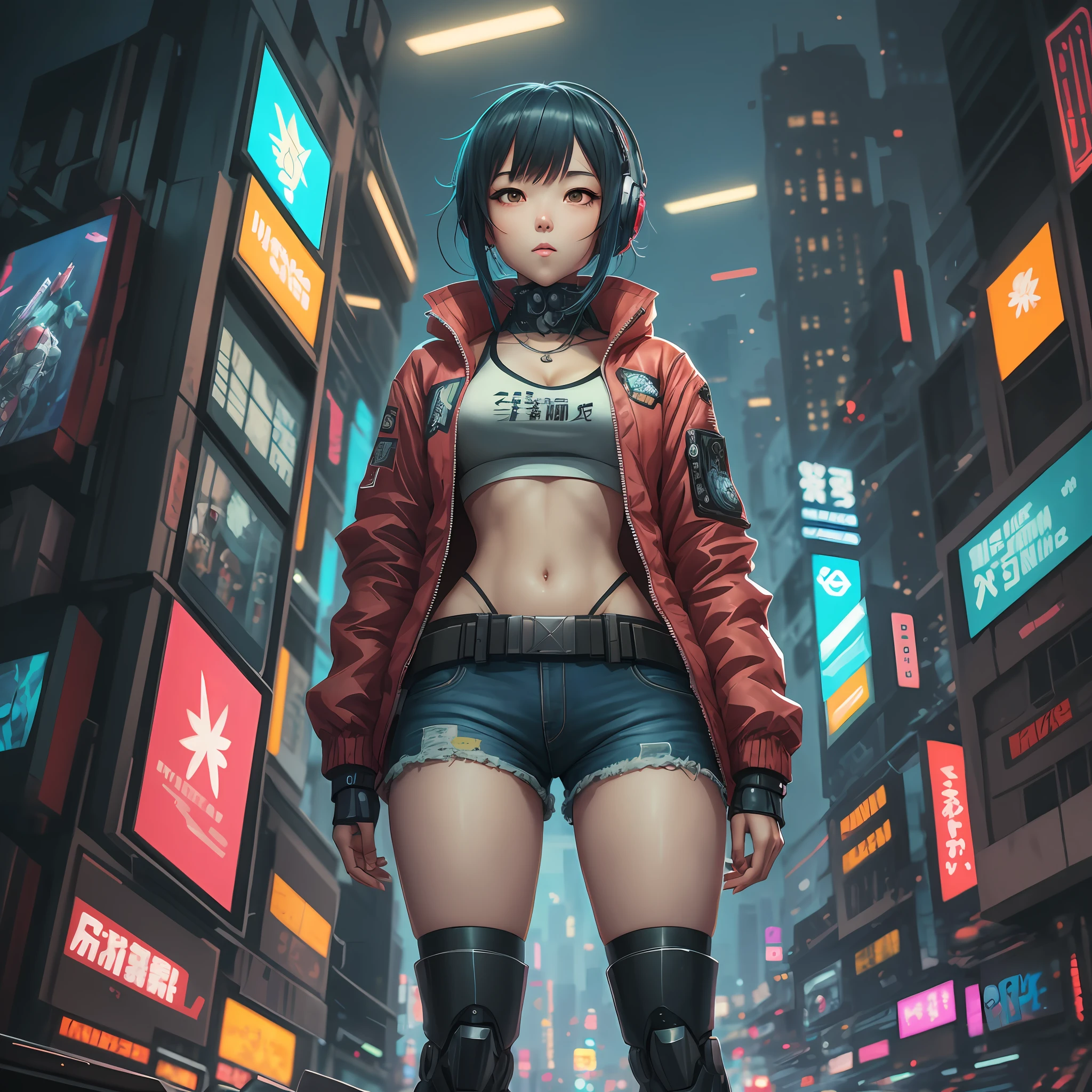 anime girl in short shorts and jacket standing next to giant robot, artwork in the style of guweiz, cyberpunk anime girl mech, trending on cgstation, guweiz, by Russell Dongjun Lu, digital cyberpunk anime art, ross tran 8 k, guweiz on artstation pixiv, girl in mecha cyber armor --auto --s2