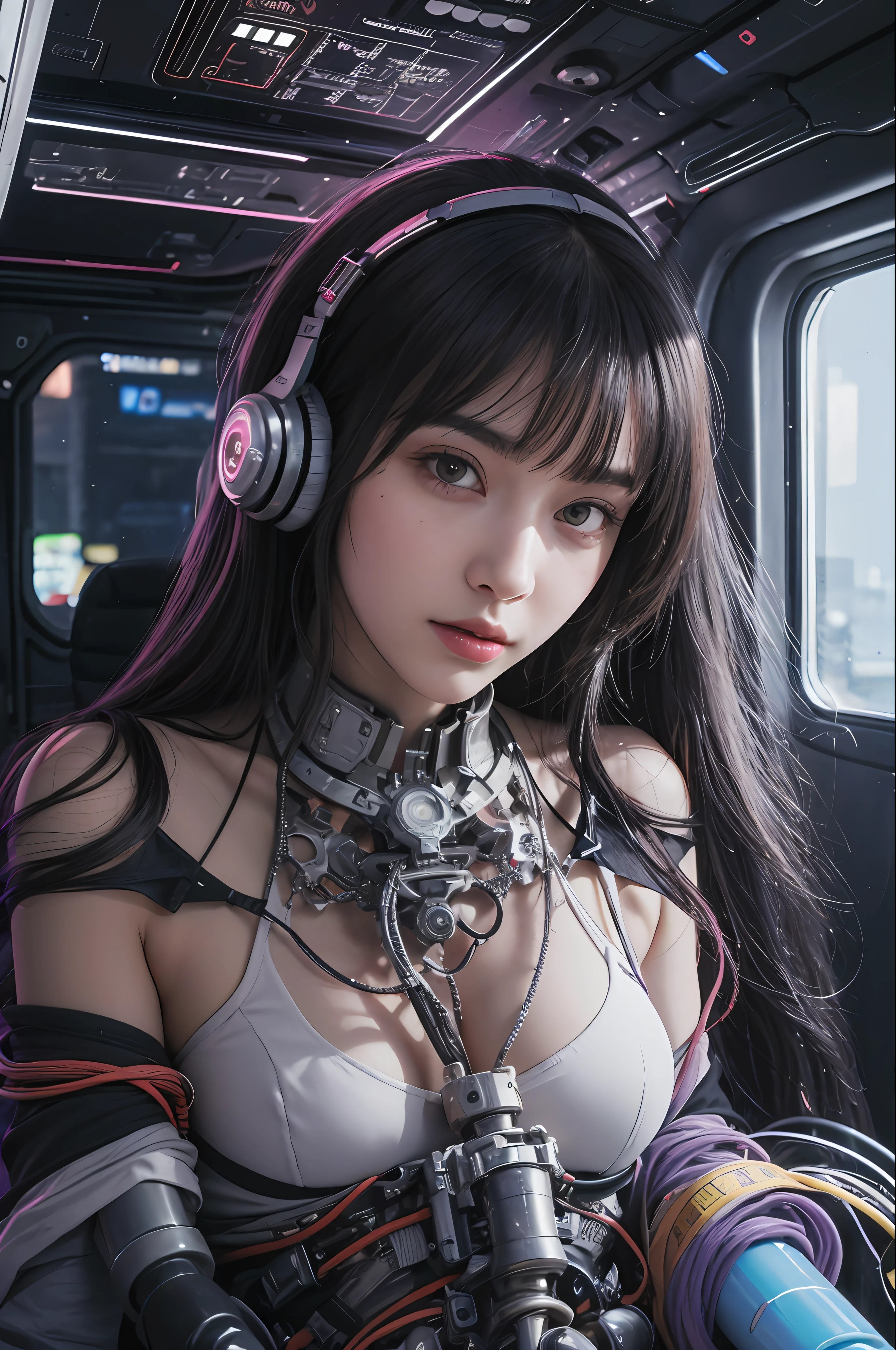Top Quality, Masterpiece, Ultra High Resolution, (Photorealistic: 1.4), Raw Photo, 1 Girl Sitting In Cockpit of Spaceship, Black Hair, Glossy Skin, 1 Mechanical Girl, ((Ultra Realistic Details)), Portrait, Global Illumination, Shadows, Octane Rendering, 8K, Ultra Sharp, Big, Cleavage Exposed Raw Skin, Metal, Intricate ornament details, headset, hydraulic cylinder, very intricate details, realistic light, CGSoation trend, purple eyes, glowing eyes, facing the camera, neon details, mechanical limbs, blood vessels connected to tubes, mechanical vertebrae attached to the back, mechanical cervical attachment to the neck, sitting, wires and cables connecting to the head, Evangelion, Cyberpunk, small LED lamps, background is the cockpit of a futuristic spaceship,