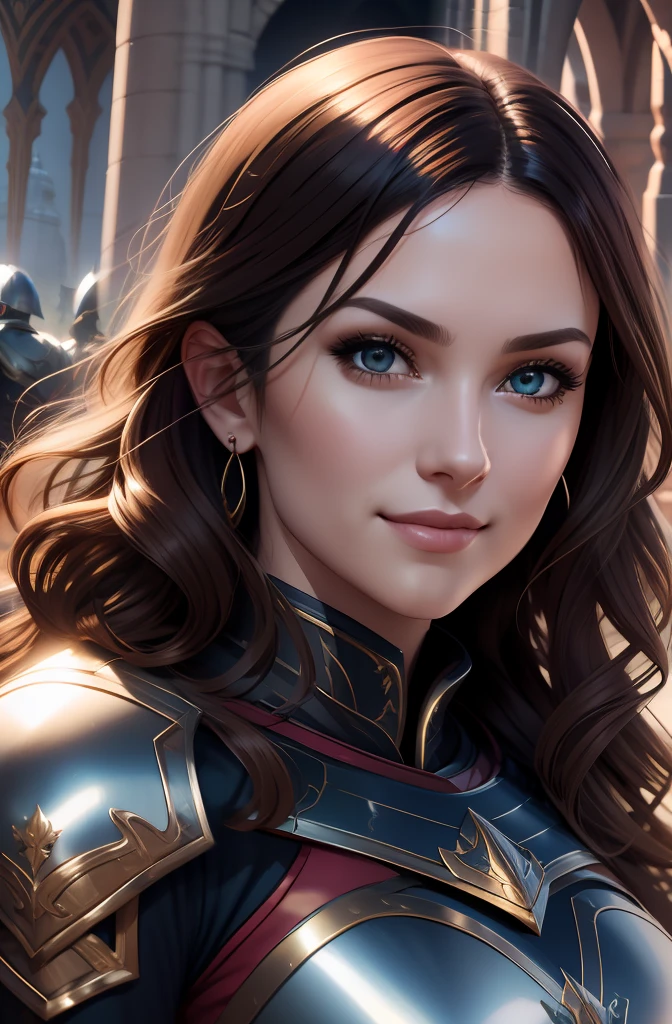 woman, smiling, beautiful brunette, symmetrical face, wavy black hair, light brown eyes, full back, upper body, portrait, platinum armor, detailed bright and detailed armor, dynamic light, medieval landscape, HD, 8k, TN-RpgGameGirl