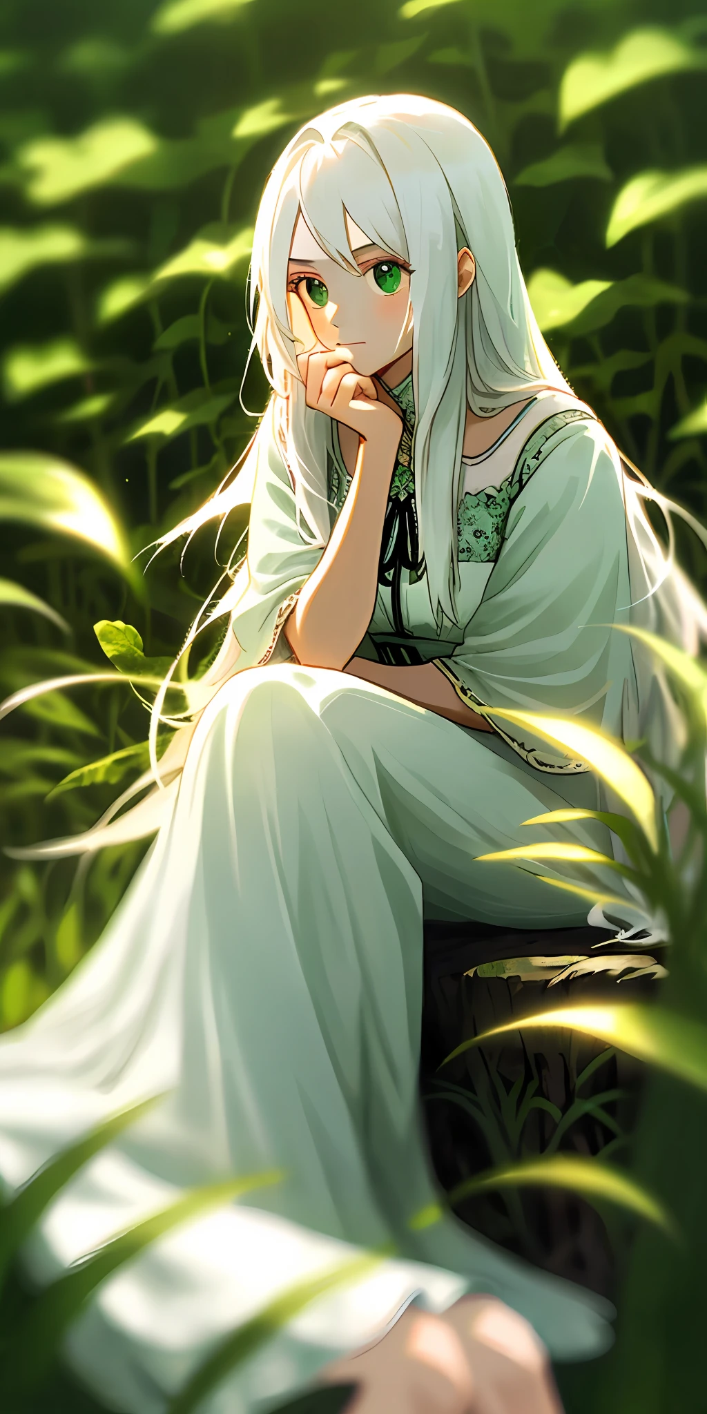 (masterpiece, best quality),1girl with long white hair sitting in a field of green plants and flowers, her hand under her chin, warm lighting, white dress, blurry foreground