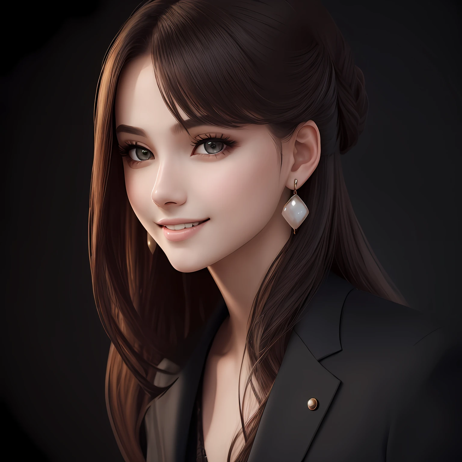 8k, super high quality, background gorgeous marble, hair up, attractive eyes, earrings, (body from thigh up)), photorealistic photo, high definition beautiful face and eyes, (five fingers), (wearing a suit), (black marble background), cute face, top quality, sweat, very delicate and beautiful, smile, nice body, high quality, realistic, fantasy, realistic skin, Full color top quality, very delicate and beautifulRaw photos, high detail raw photos, professional photos, solo, beautiful lips, looking forward to, smile, top quality, fantasy, realistic skin, full color, 20 years old, high detail raw pictures, realistic pictures, tilt of the neck --auto