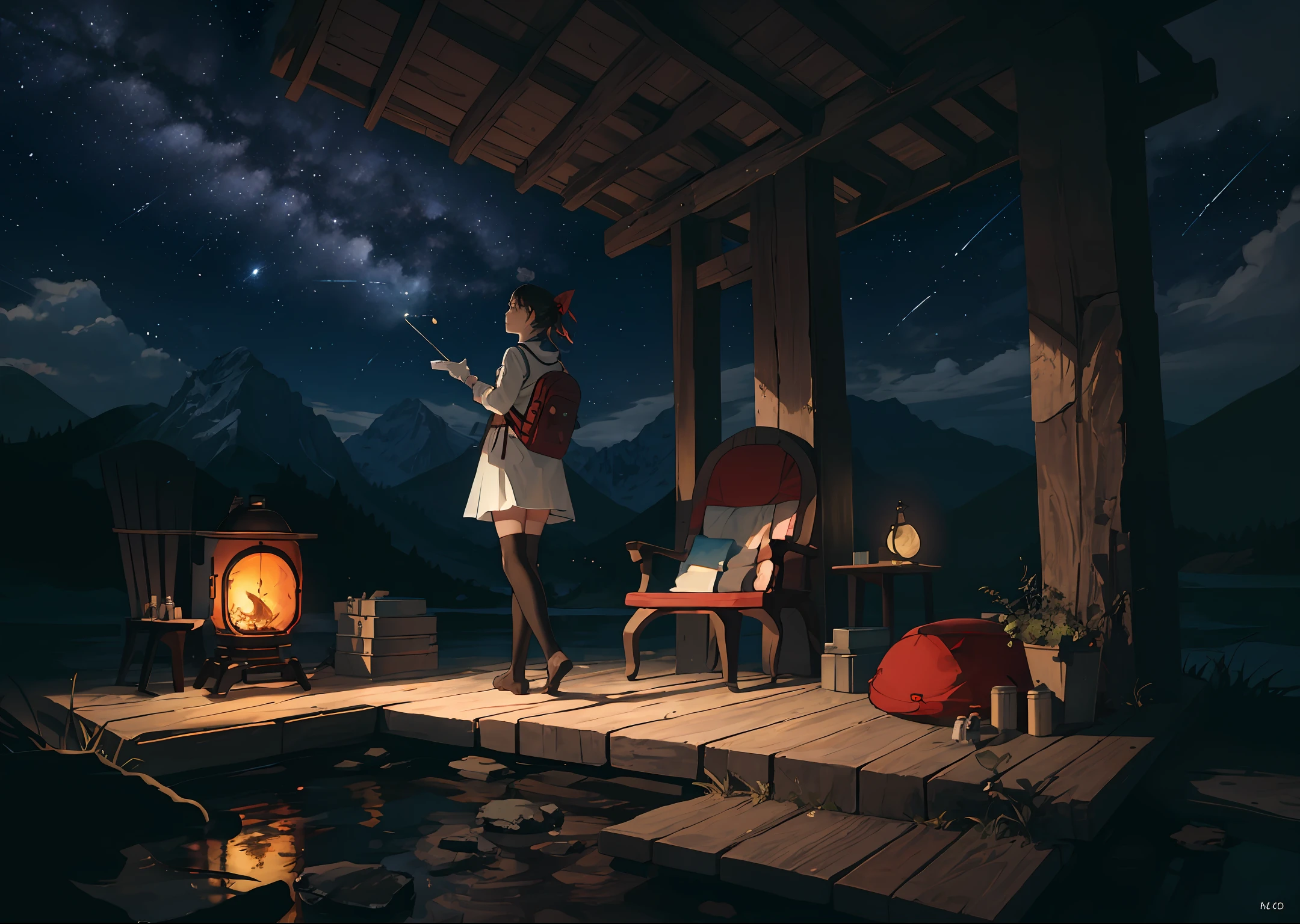 masterpiece, best quality, ultra-detailed, illustration, 1girl, solo, outdoors, camping, night, mountains, nature, stars, moon, tent, cheerful, happy, backpack, sleeping bag, camping stove, water bottle, mountain boots, gloves, flashlight, forest, rocks, river, wood, smoke, shadows, contrast, clear sky, constellations, Milky Way, peaceful, serene, quiet, tranquil, remote, secluded, adventurous, exploration, escape, independence, survival, resourcefulness, challenge, perseverance, stamina, endurance, observation, intuition, adaptability, creativity, imagination, artistry, inspiration, beauty, awe, wonder, gratitude, appreciation, relaxation, enjoyment, rejuvenation, mindfulness, awareness, connection, harmony, balance, texture, detail, realism, depth, perspective, composition, color, light, shadow, reflection, refraction, tone, contrast, foreground, middle ground, background, naturalistic, figurative, representational, impressionistic, expressionistic, abstract, innovative, experimental, unique
 lambdadelta, pink dress, red bows, striped legwear, thighhighs