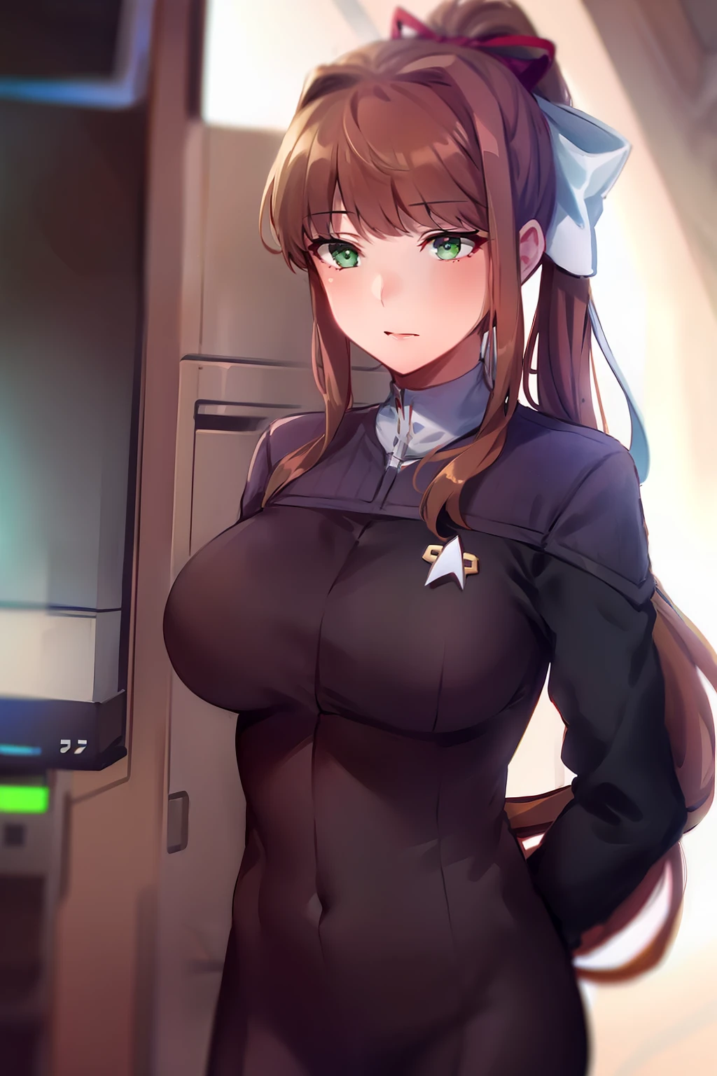 monika, green eyes, brown hair, very long hair, ponytail, hair ribbon, white ribbon wearing ds9st uniform