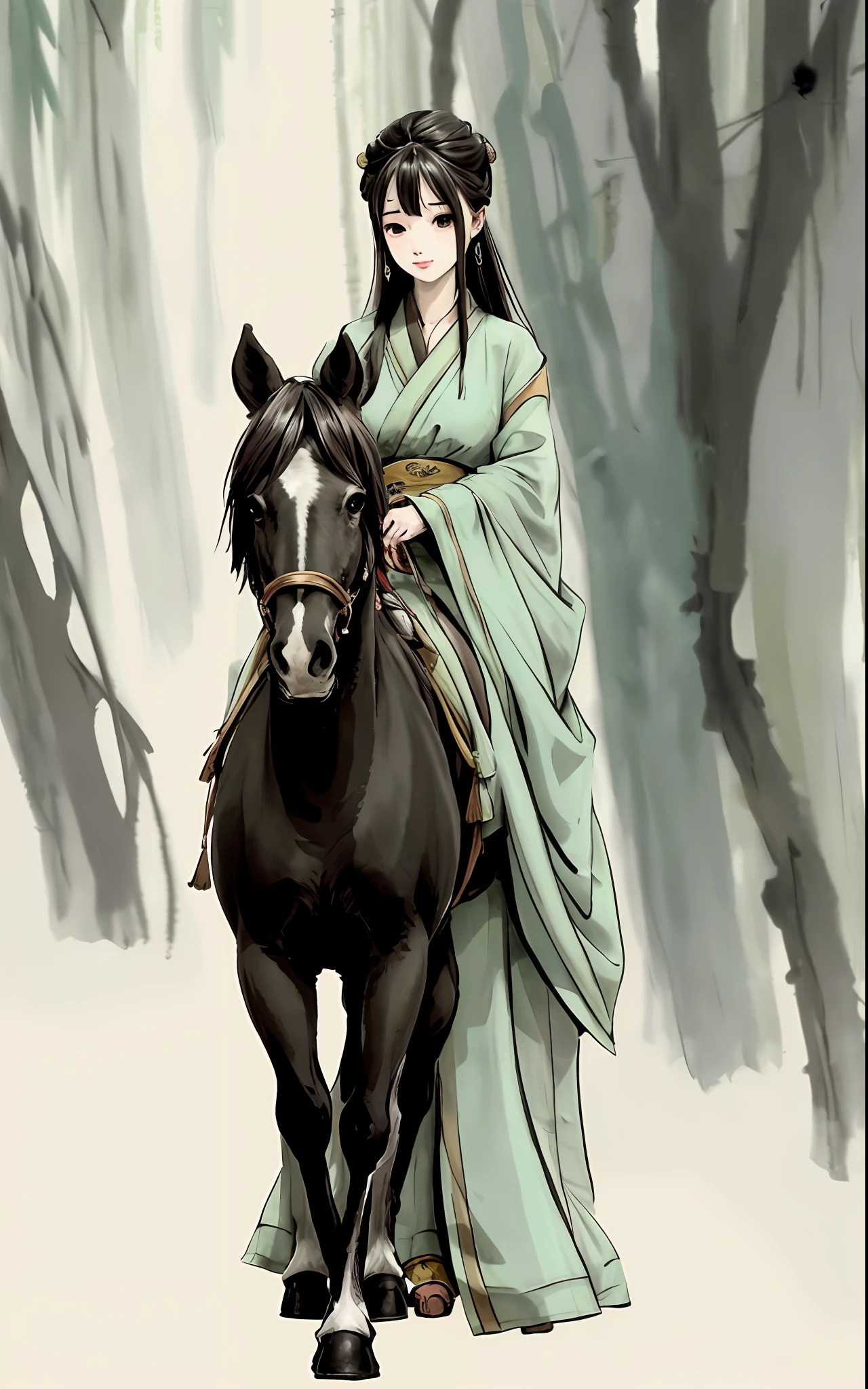 Shuk walking horse, negative space, , ink bissim, standing female statue, willow branch, (masterpiece, best quality: 1.2), Chinese painting, model style, peace, (smile), looking at the audience, wearing long hanfu, hanfu, song, willow tree in background, five permanent words, cyan tones