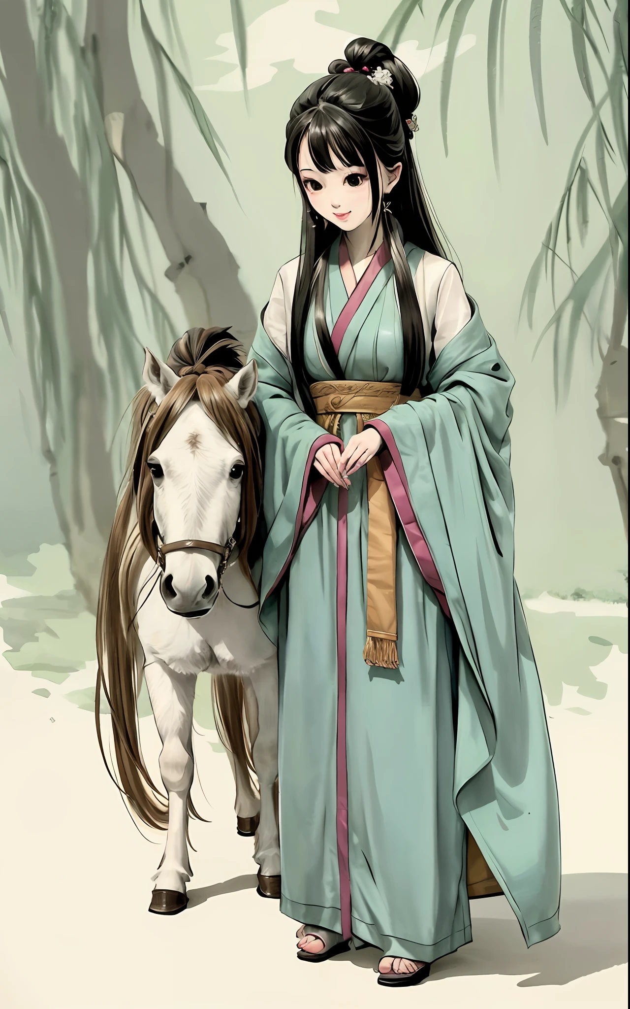 Shuk walking horse, negative space, , ink bissim, standing female statue, willow branch, (masterpiece, best quality: 1.2), Chinese painting, model style, peace, (smile), looking at the audience, wearing long hanfu, hanfu, song, willow tree in background, five permanent words, cyan tones