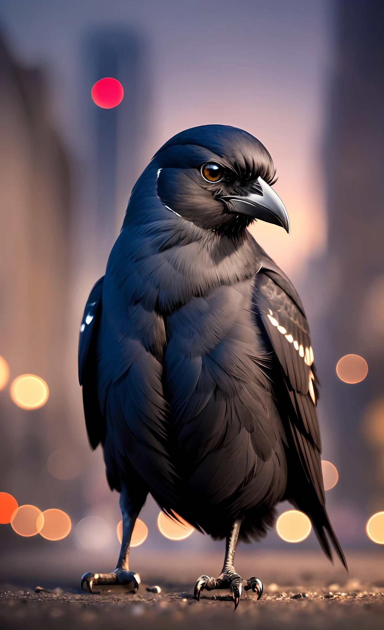 Little crow, ruby eyes, super detailed, well made and striking feathers, super realistic, 8k, masterpiece, city at night, blurred background, (professional camera lens), hyperrealism, perfect lighting. --auto