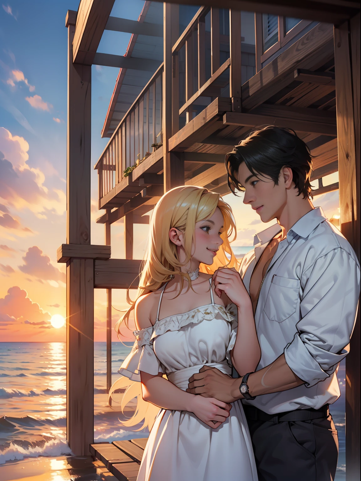 masterpiece, ultra-detailed CG unity 8k wallpaper, best quality illustration, a warm and cozy atmosphere, a summer scene in a seashore,beautiful sunset. The man has black hair and the woman has blond hair, sharing a happy moment together.