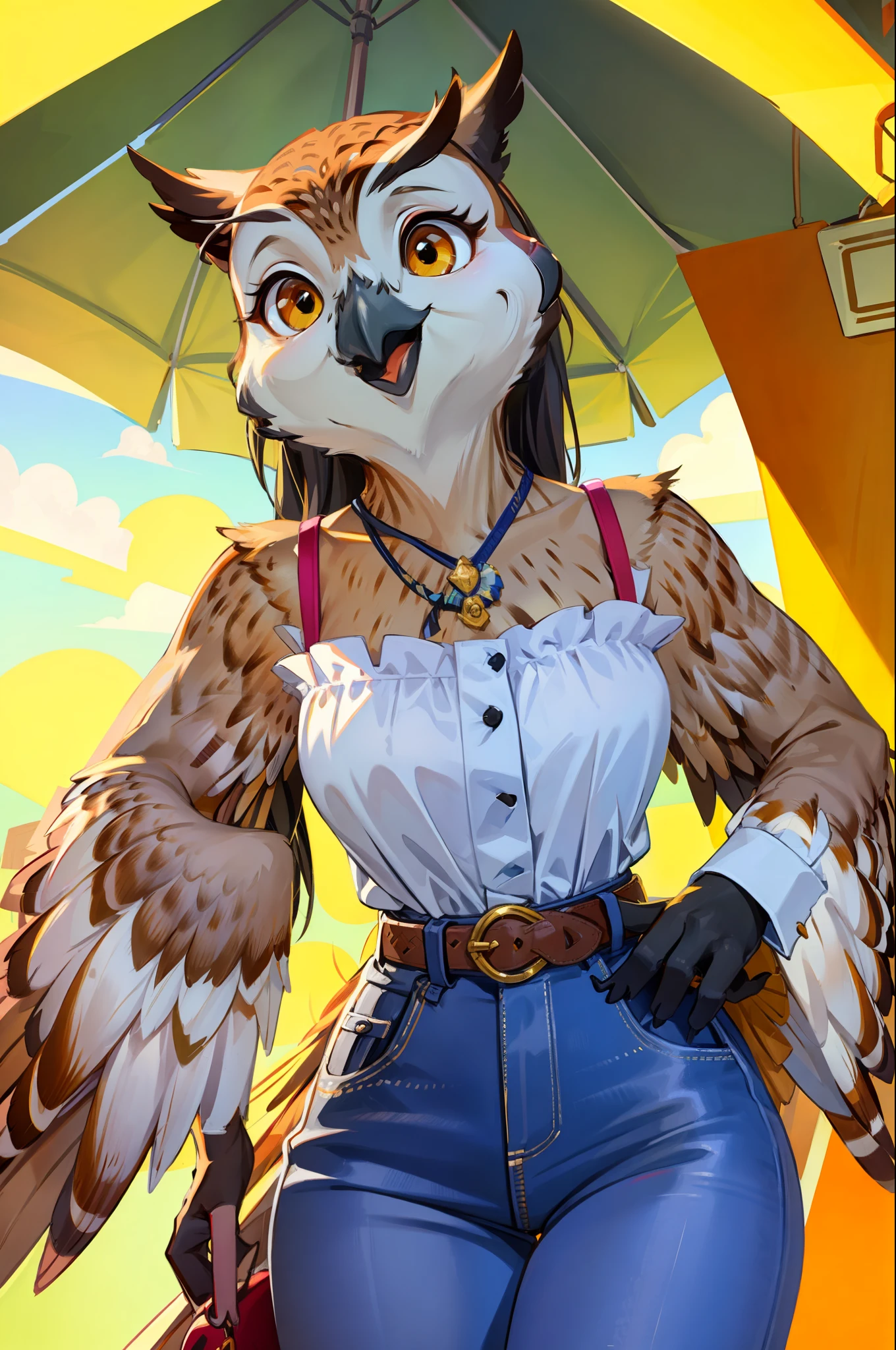 den (brown owl), winged arms, female, medium breasts, beak, mini dress, medium close-up, pants, shirt, stunning landscape, top, bottom, happy smile