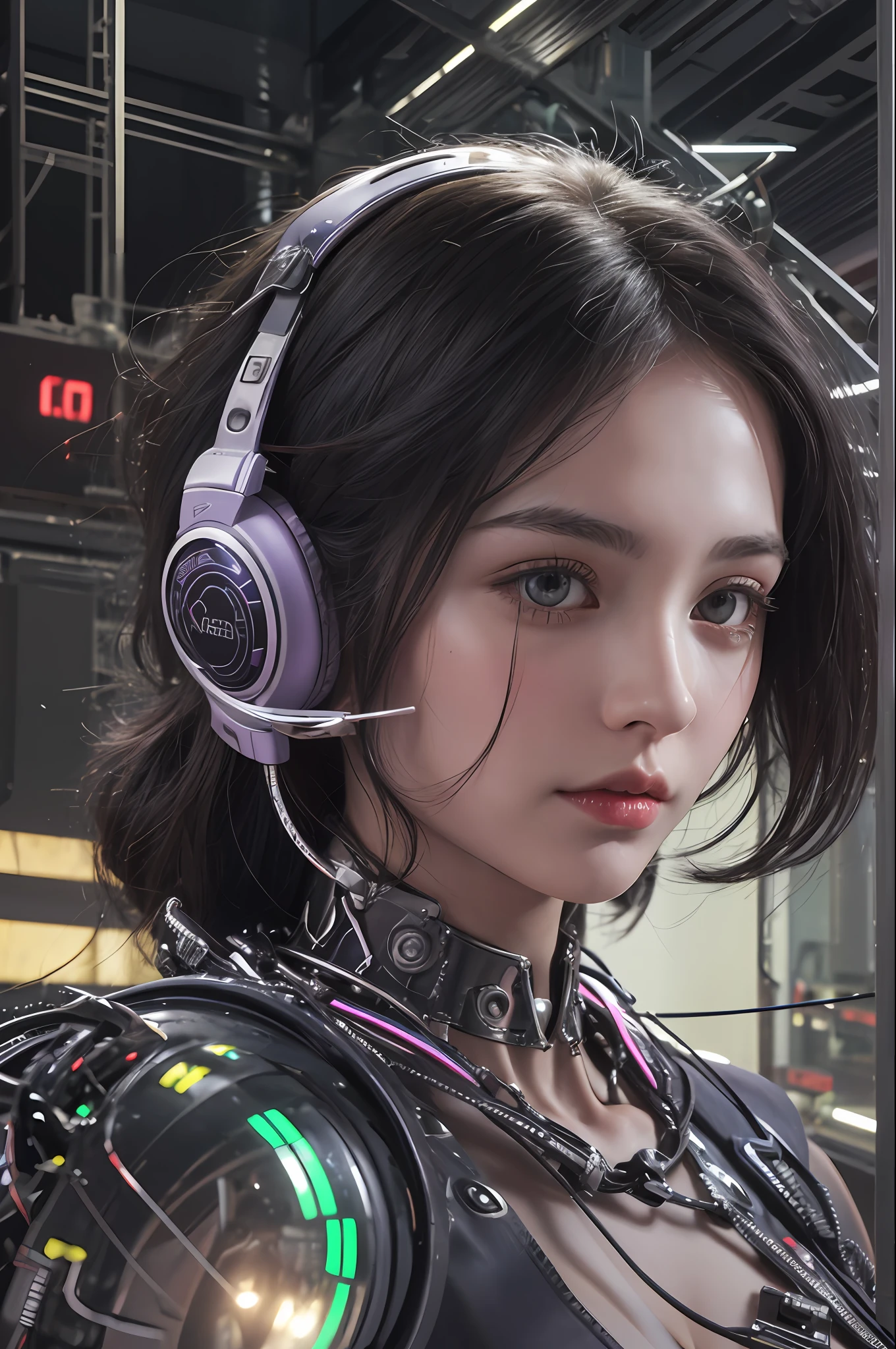 Top Quality, Masterpiece, Ultra High Resolution, (Photorealistic: 1.4), Raw Photo, One Girl Inside a Huge Space Colony, Black Hair, Glossy Skin, 1 Mechanical Girl, (Ultra Realistic Details)), Portrait, Global Illumination, Shadows, Octane Rendering, 8K, Ultra Sharp, Big, Cleavage Exposed Raw Skin, Metal, Intricate ornament details, headset, hydraulic cylinder, very intricate details, realistic light, CGSoation trend, purple eyes, glowing eyes, facing the camera, neon details, mechanical limbs, blood vessels connected to tubes, mechanical vertebrae attached to the back, mechanical cervical attachment to the neck, sitting, wires and cables connecting to the head, Evangelion, Cyberpunk, small LED lamp, background is a city inside a futuristic cylinder-shaped space colony,