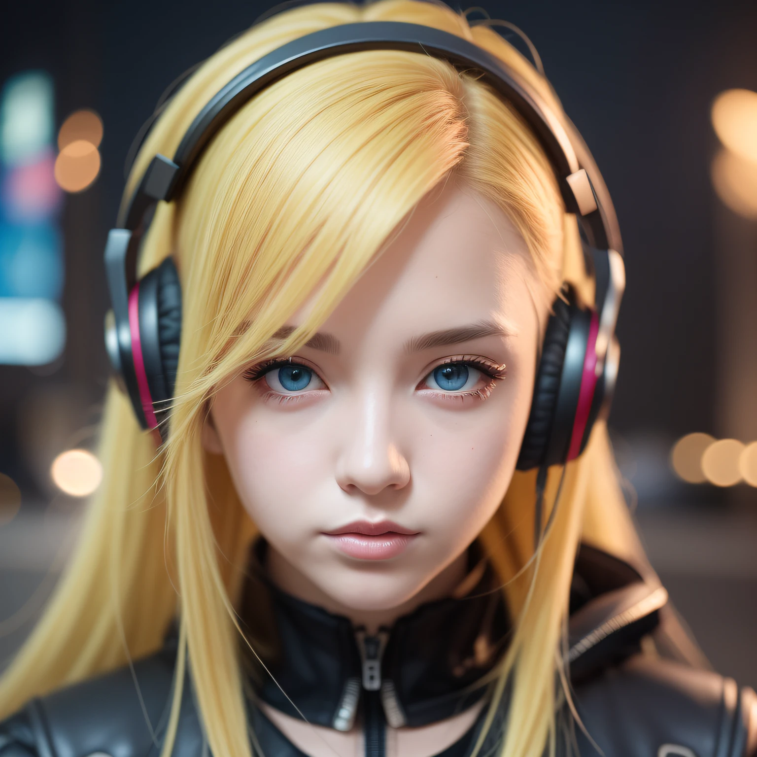 girl with headphones,yellow hair blue eyes Cyberpunk,8K extremely detailed, smooth, high resolution, ultra quality, highly detailed eyes, highly detailed mouth, highly detailed face, perfect eyes, both eyes are equal, true light, brightness, iridescent, global lighting, real hair movement, real light, real shadow, real face, hd, 2k, 4k, 8k, 16k, realistic light,  realistic shadow, bright eyes, fluorescent eyes, soft light, dream light,anime, 3d, japan, pixar, masterpiece, best quality, half body, portrait, night city