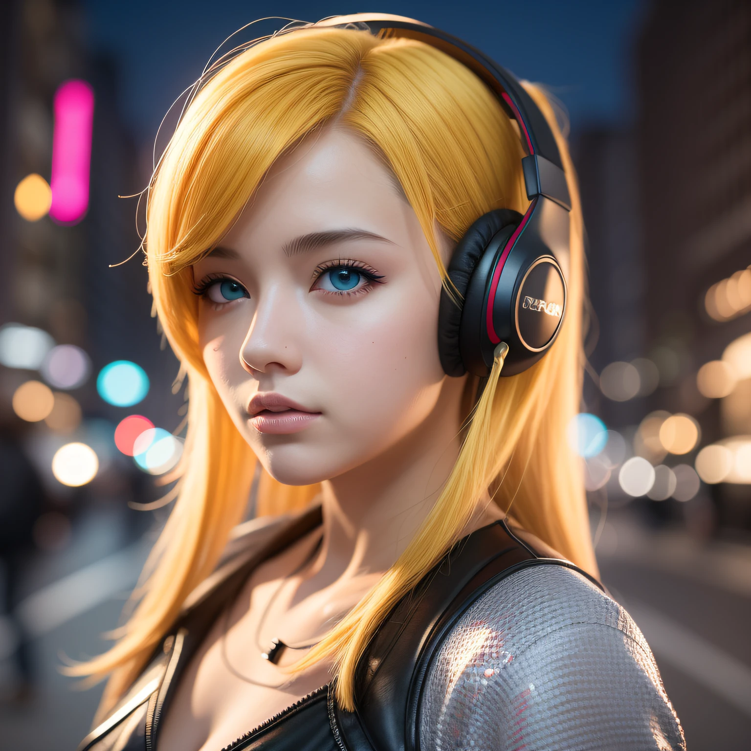 girl with headphones,yellow hair blue eyes Cyberpunk,8K extremely detailed, smooth, high resolution, ultra quality, highly detailed eyes, highly detailed mouth, highly detailed face, perfect eyes, both eyes are equal, true light, brightness, iridescent, global lighting, real hair movement, real light, real shadow, real face, hd, 2k, 4k, 8k, 16k, realistic light, realistic shadow, bright eyes, fluorescent eyes, soft light, dream light,anime, 3d, japan, pixar, masterpiece, best quality, half body, portrait, night city