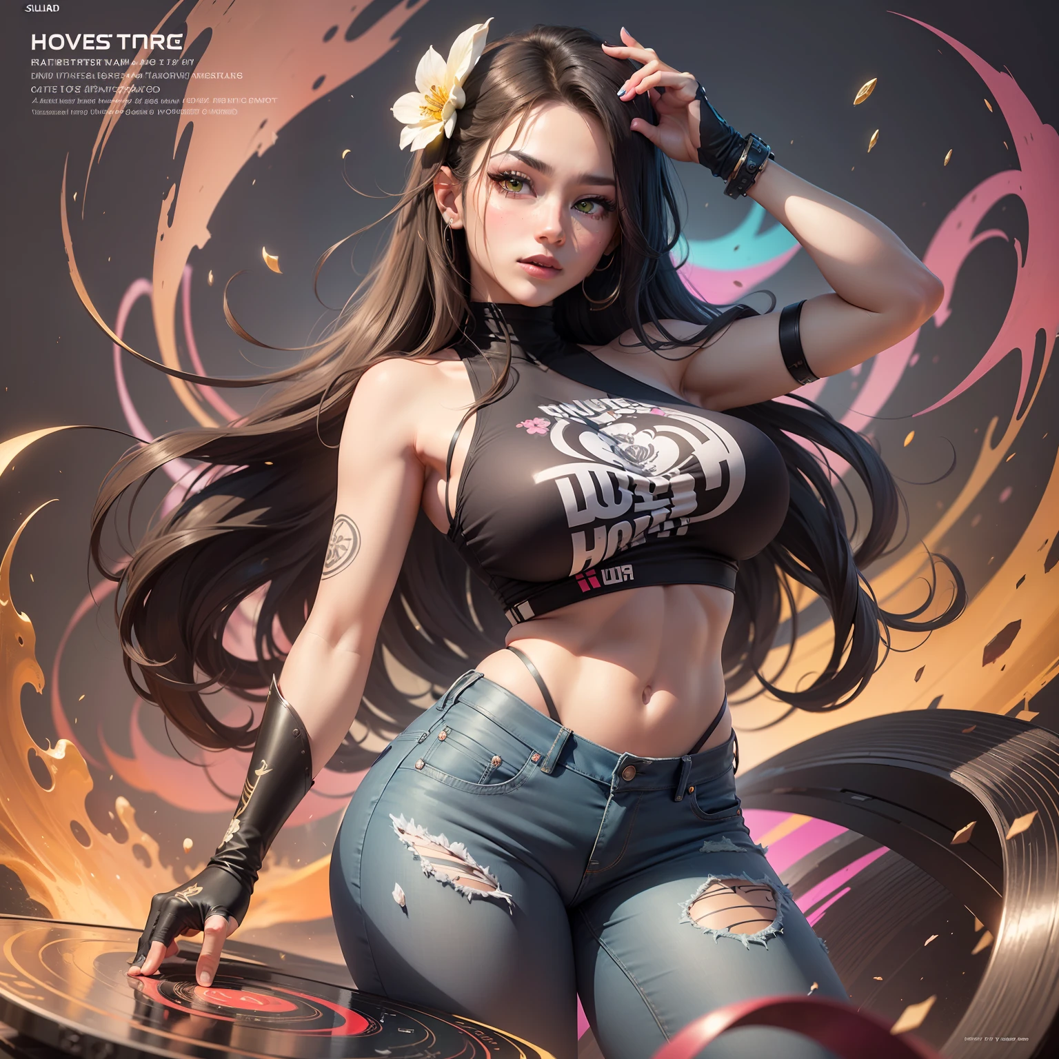 background, mixed-language_text, Japanese letters in graffit, ashley alexiss beautiful woman, long black hair, excellent lighting, sidelighting, perfect ultimate (flat color pink bubblegum gradient: 1.3), (magazine_cover: 1.4), (multicolored_background: 1.3), striped_background, card_background, :: discs with sharp and shiny blades in hand :: circular pieces of white metals glued to the ultra detailed arms coming out sparkling glow, black star design stamped in the middle of the t-shirt, perfect and detailed sculptural body, ultra detailed shirt with abstract design and with Japanese letter print in grafit of the sides of the clothing, worn jeans, big breast, with immersive effects, hover effect, background graffiti style flowers with flowers and vibrant colors, "ultra" hdr detailed and with focus effect, (masterpiece: 1.2, best quality), (beautiful emerald yellow eyes with huge finely detailed eyelashes: 1.2), ((Solo)), (Finely detailed eyes and detailed face:1.3), beautiful ultra-de, Color Field painting, anime, motion blur, backlighting, UHD, super detail, high quality, 4K, retina, textured skin