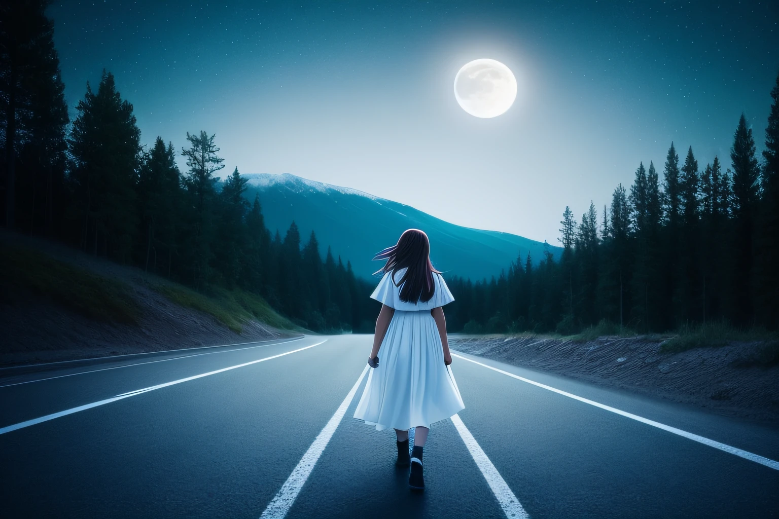 a woman in a white dress walking along a road at night, walking towards the full moon, walking on the moon, standing in the moonlight, moon landscape from the street, standing on the road, dreamy atmosphere of the moonlit night, the moon behind her, girl walking in the dark forest, in front of a full moon, at night with a full moon, In the Moonlight, Girl Walking on the Mountain, Anime Style, Cartoon Style, Cinematic Pastel Lighting, Hyper-realistic Cyberpunk Style, Anime Style mixed with Fujifilm