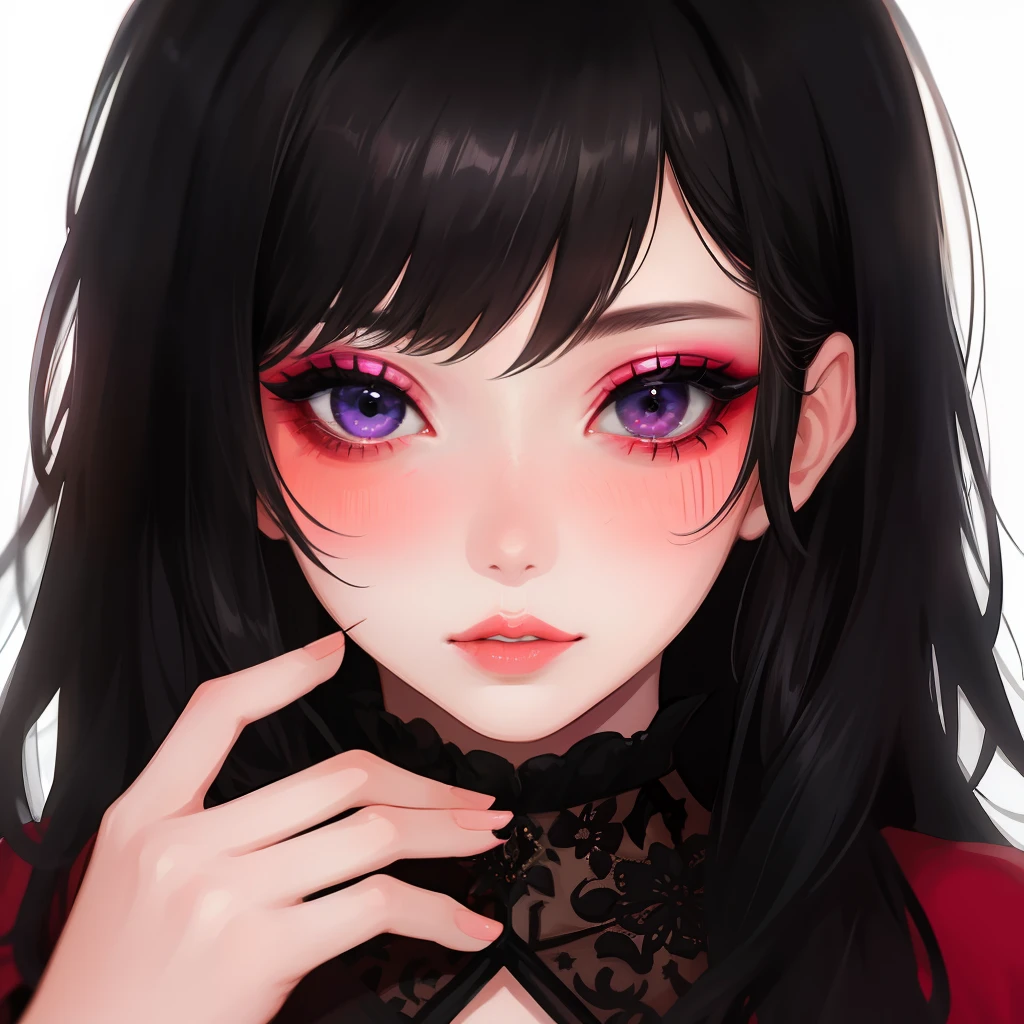 .masterpiece: 1.2, best quality), realistic, (real image, intricate details, depth of field), (1girl, solo), makeup, separated lips, highly detailed, perfect face, (skindentation), bright coral lips, (A girl with messy black black hair), blushing, bright violet eyes, high detail hands,