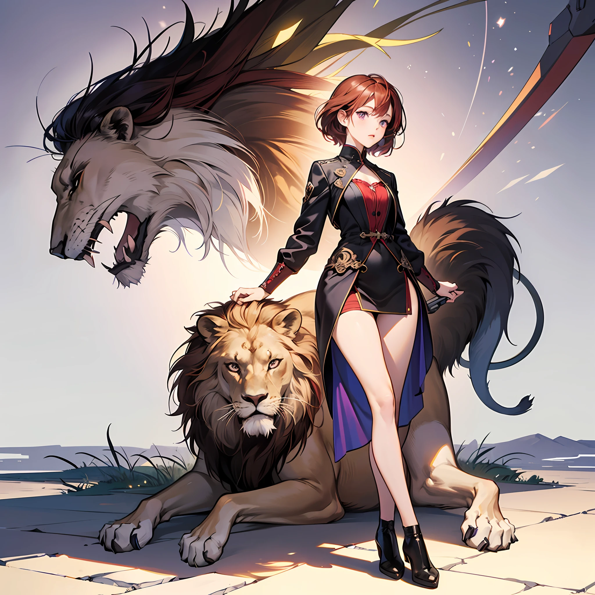 lion antrho, (girl1), (medium chest), (small breasts), (purple eyes), (short red hair), big butt, (masterpieces: 1), high detail, full body, (high detail: 1), --auto
