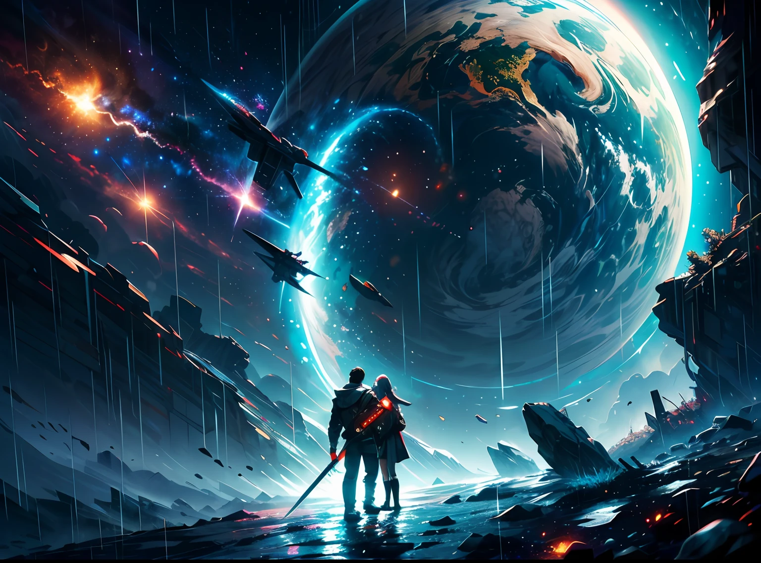 man and woman, sky, technology, box, star, universe, water, fantasy, brightness, neo, asteroids, vast, science fiction, cyberpunk, rain, sword, wings, retro, dark, shadow, nature, earth, planets, darkness, dog, power, souls, meteor, comet